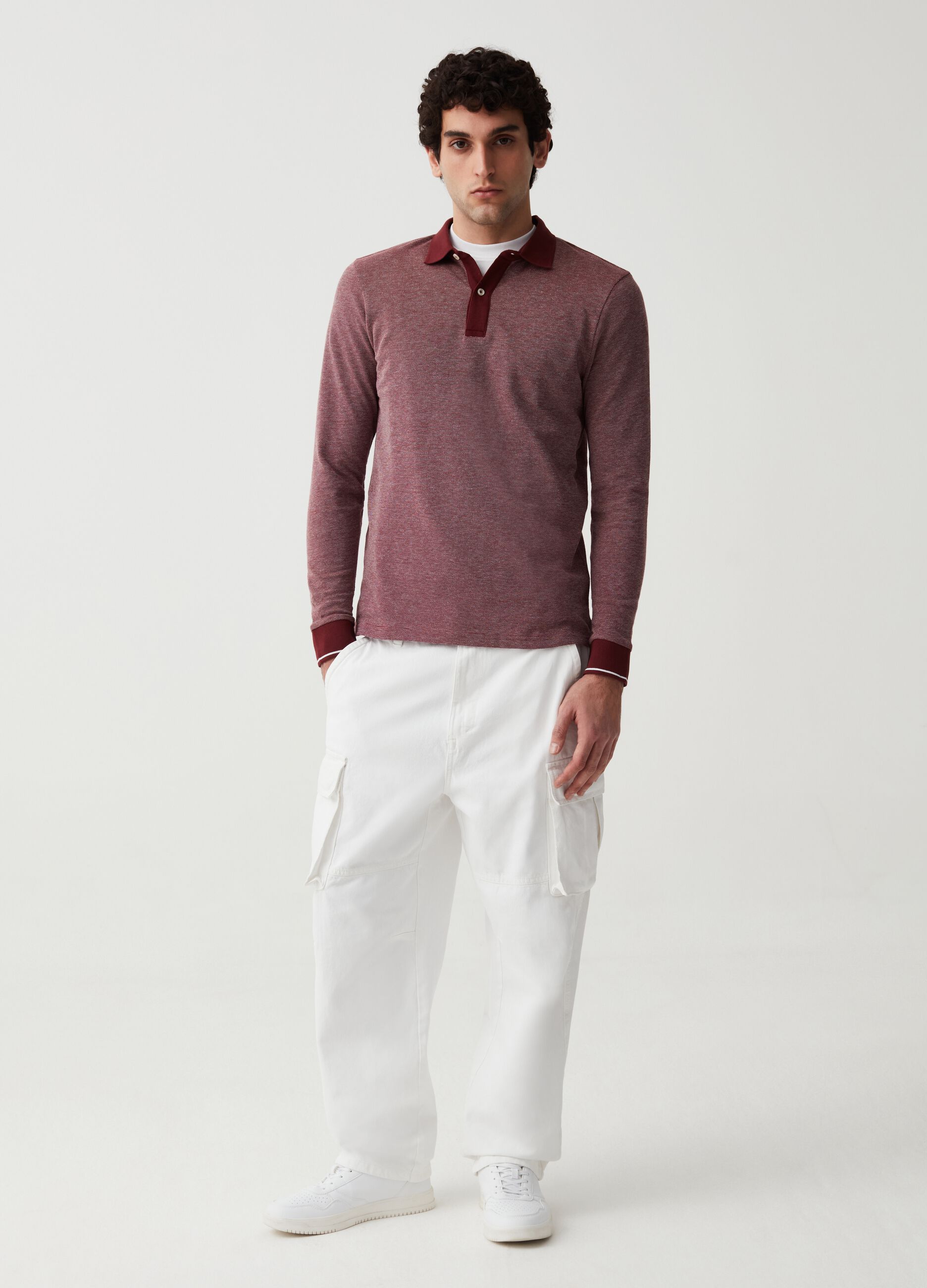 Long-sleeved polo shirt with jacquard weave