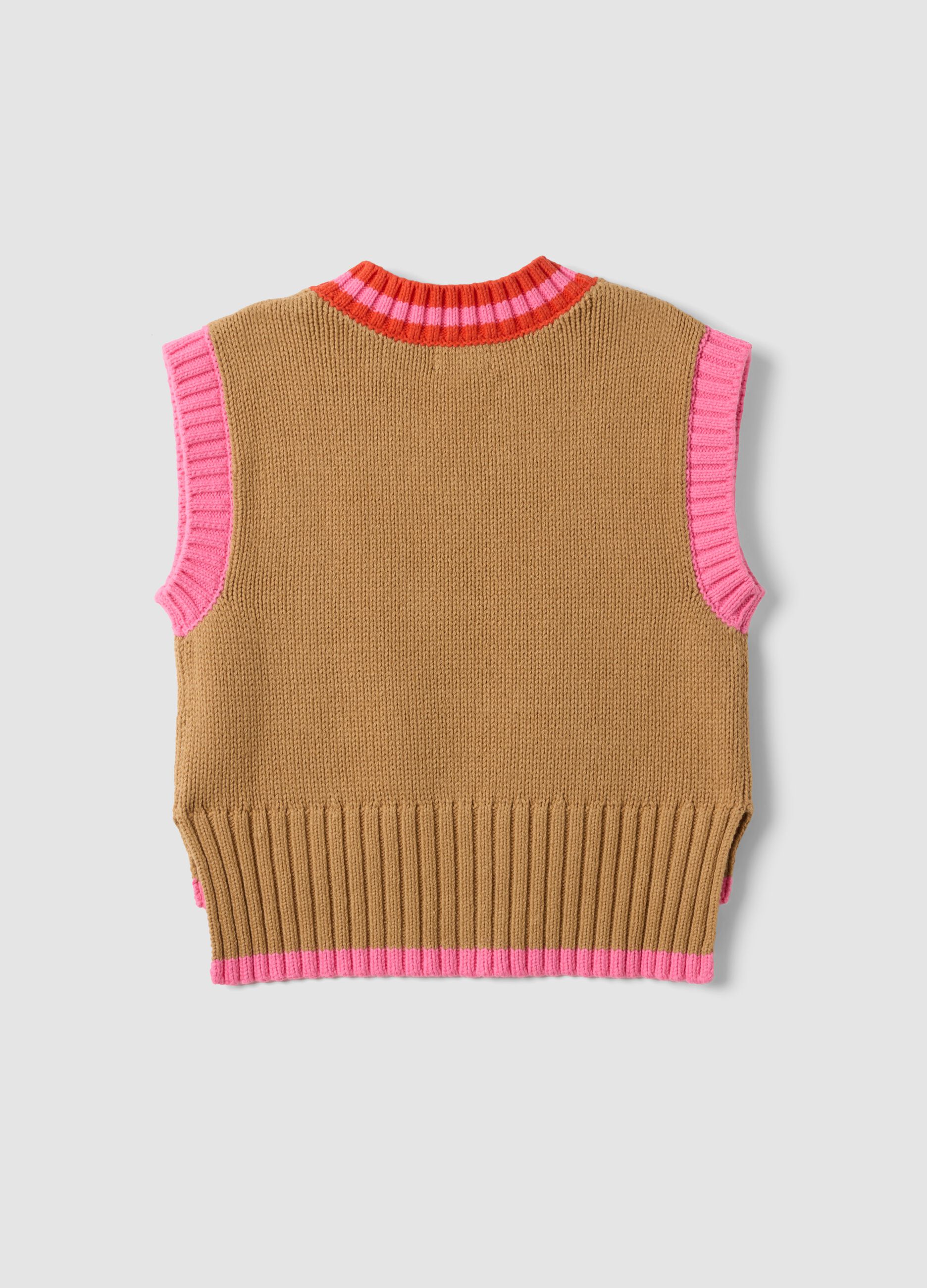 Brown cotton-blend V-neck gilet with contrast trim for girls