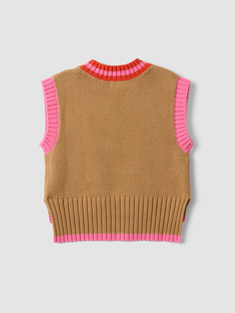 Brown cotton-blend V-neck gilet with contrast trim for girls_1