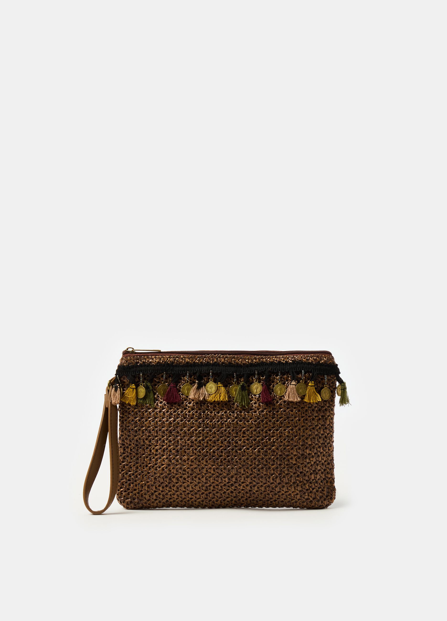 Clutch bag with crochet application and tassels
