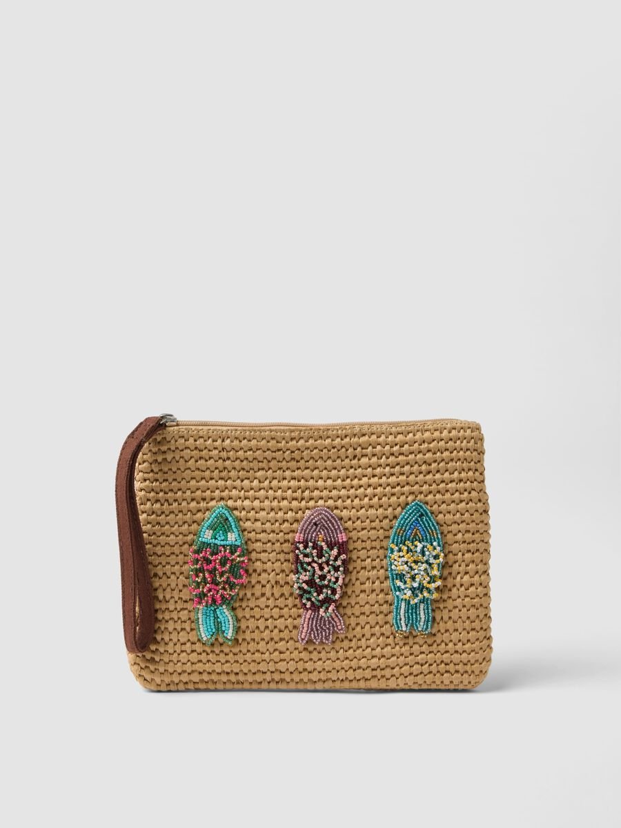 Beige cotton-blend pouch with zip and beaded details_0