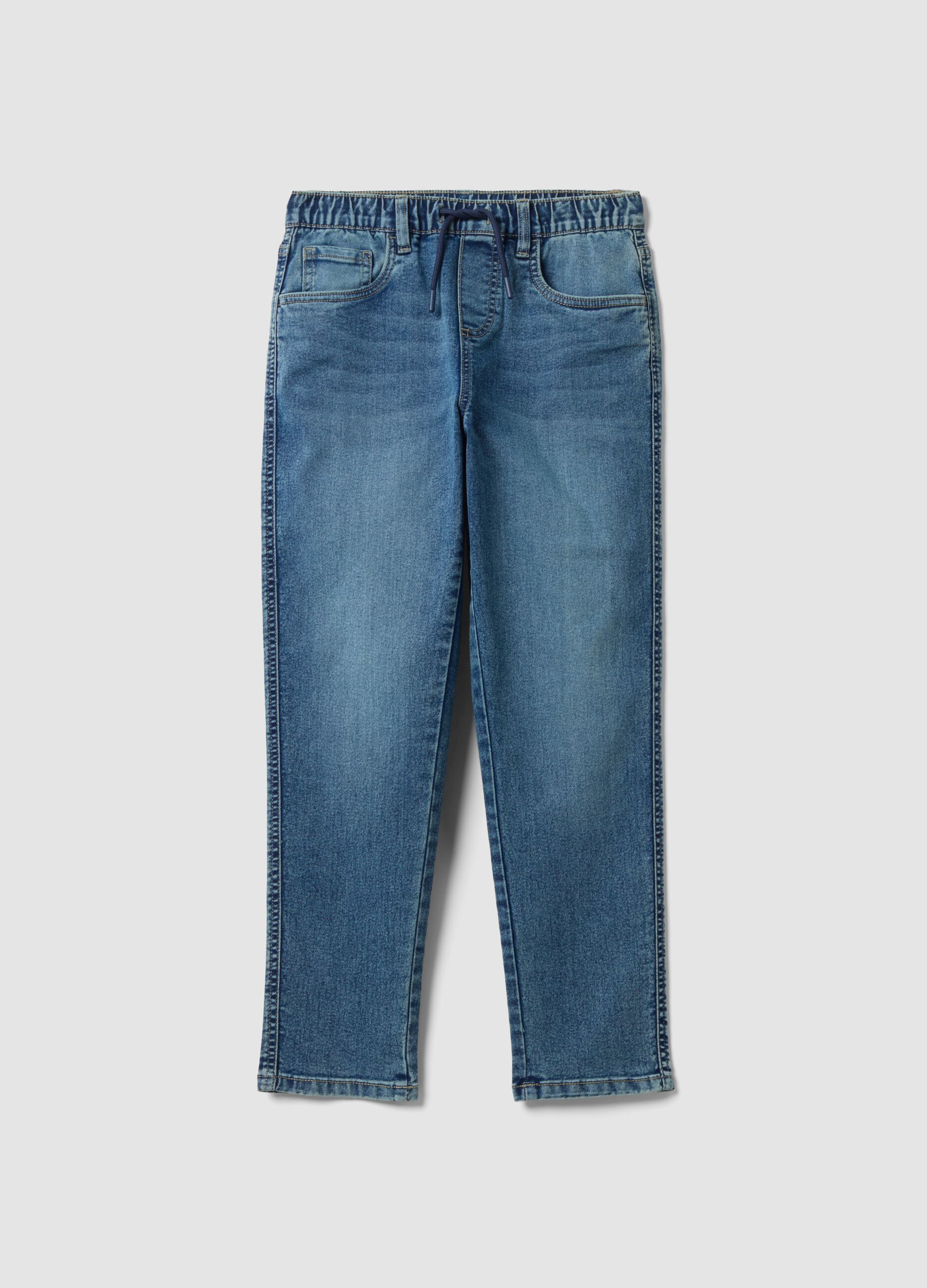 Jeans blu in cotone elasticizzato con vita elasticizzata per ragazzo