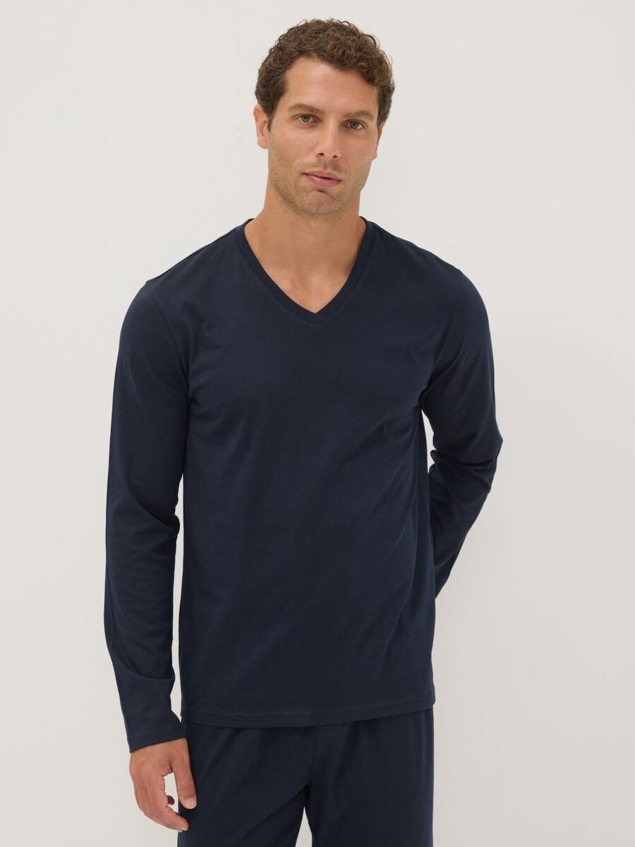 Blauer Pyjama aus reiner Bio-Baumwolle mit V-Ausschnitt, Regular Fit_1