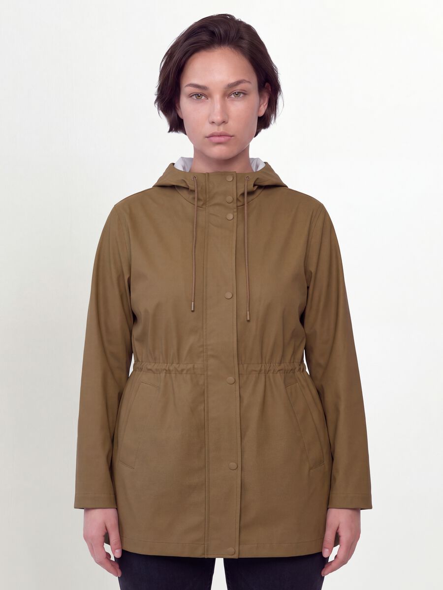 Brown rain jacket with hood, zip and snap-button fastening, regular fit_1