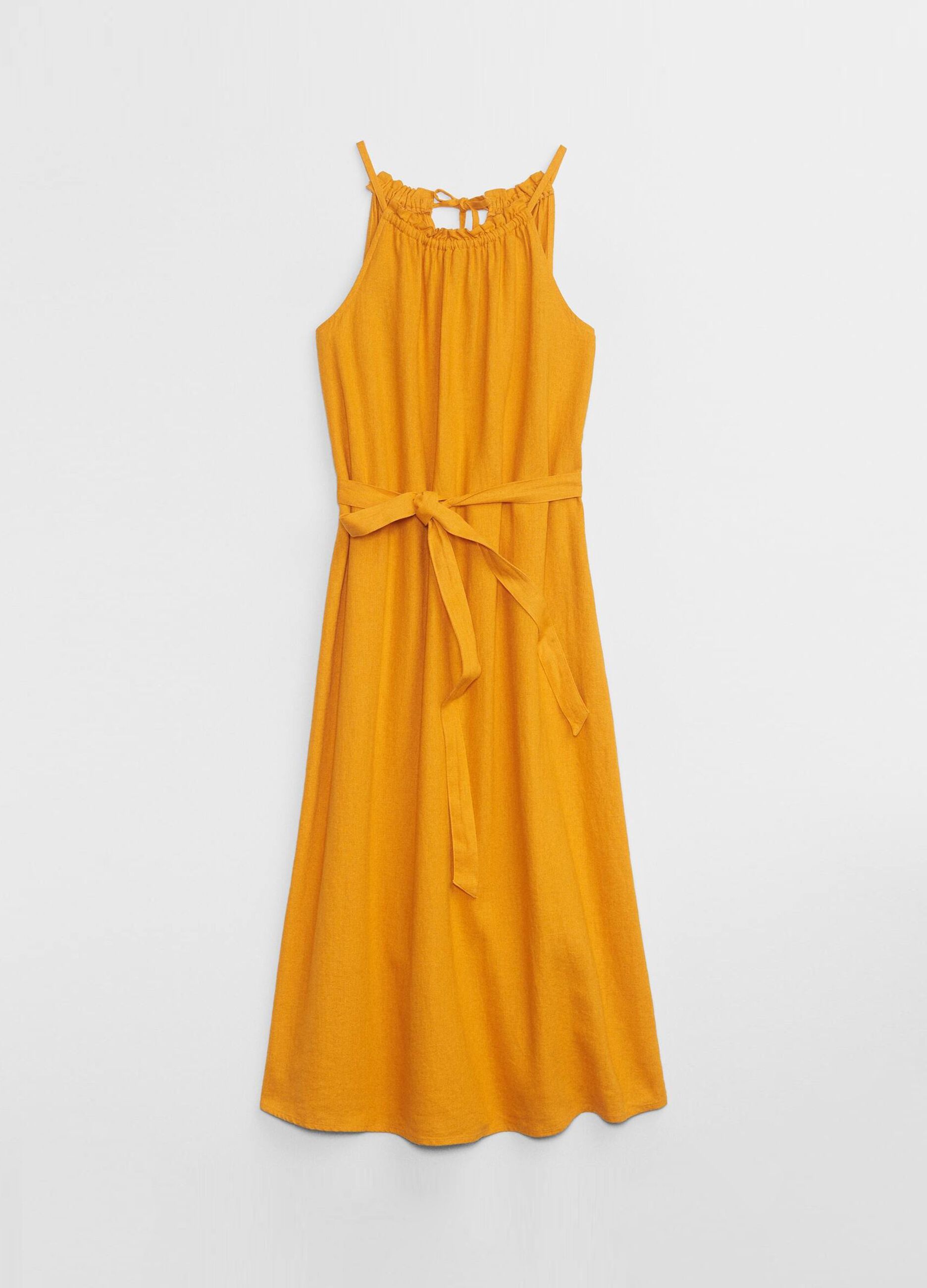 Midi dress in linen and viscose with halter neck