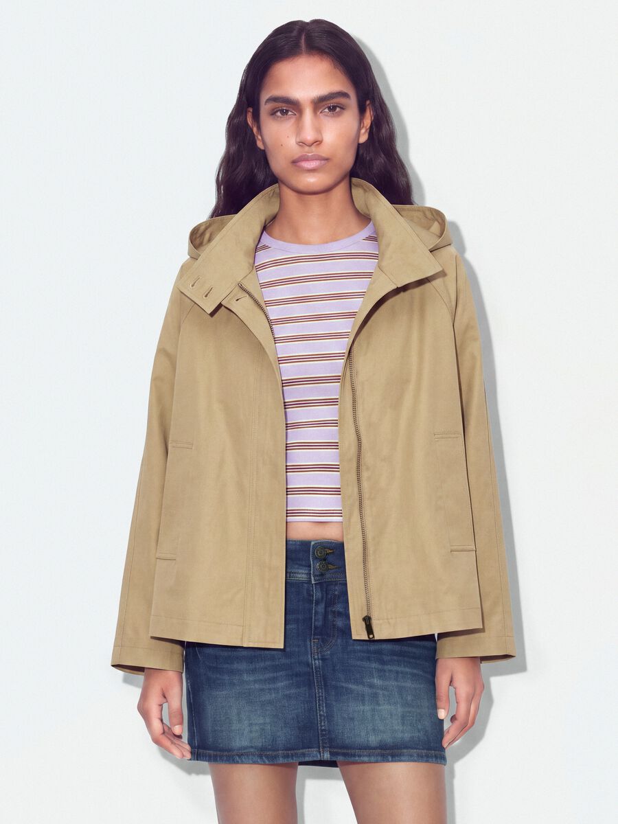 Beige cotton-blend parka with hood, regular fit_0