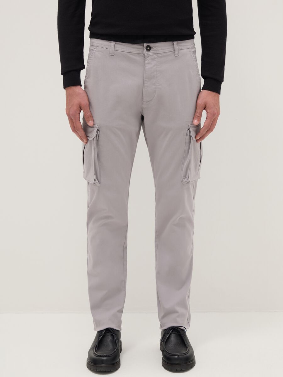Grey slim fit stretch cotton cargo trousers_1