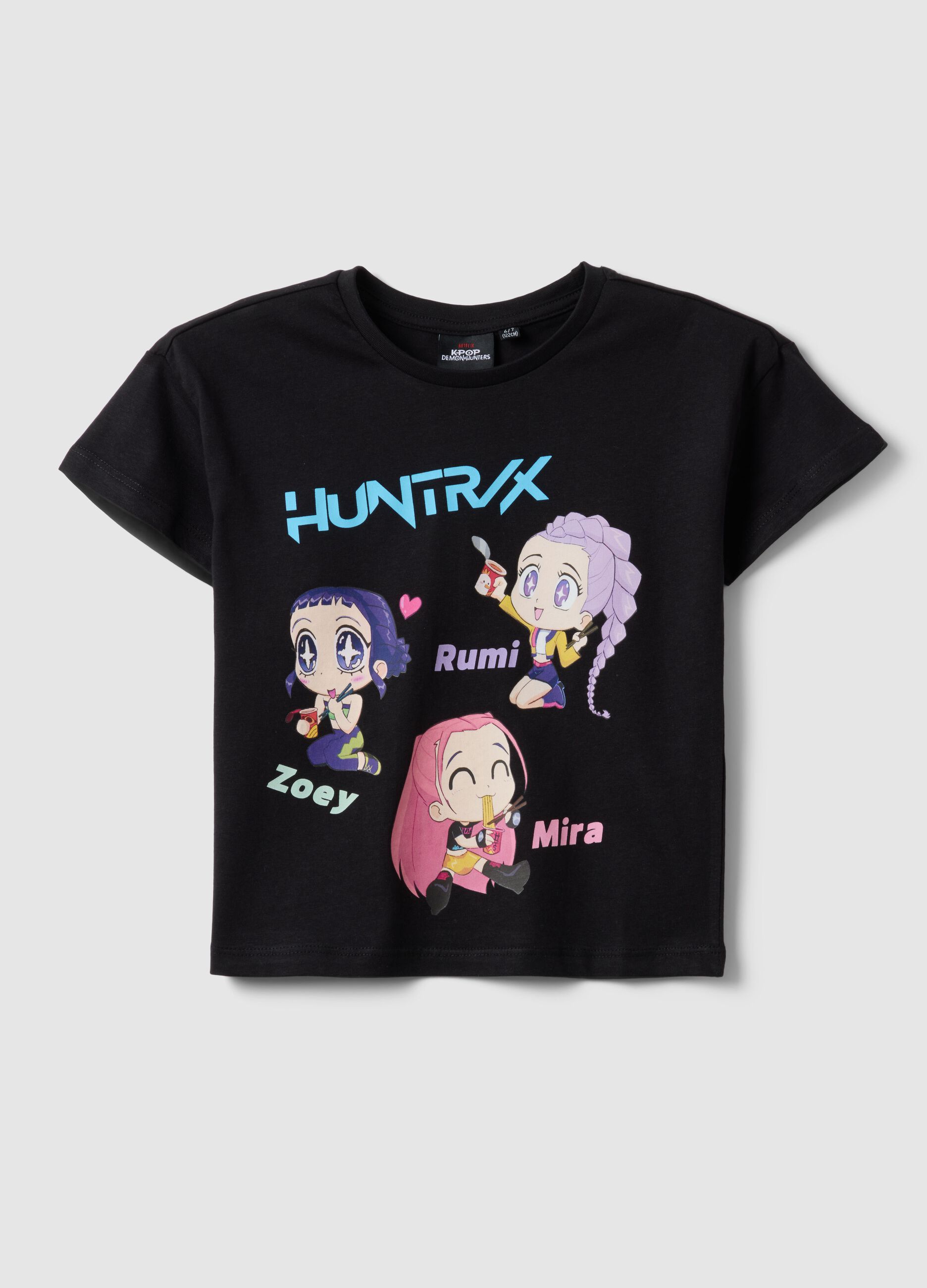 Schwarzes T-Shirt aus reiner Baumwolle mit K-Pop Demon Hunters Print, Regular Fit