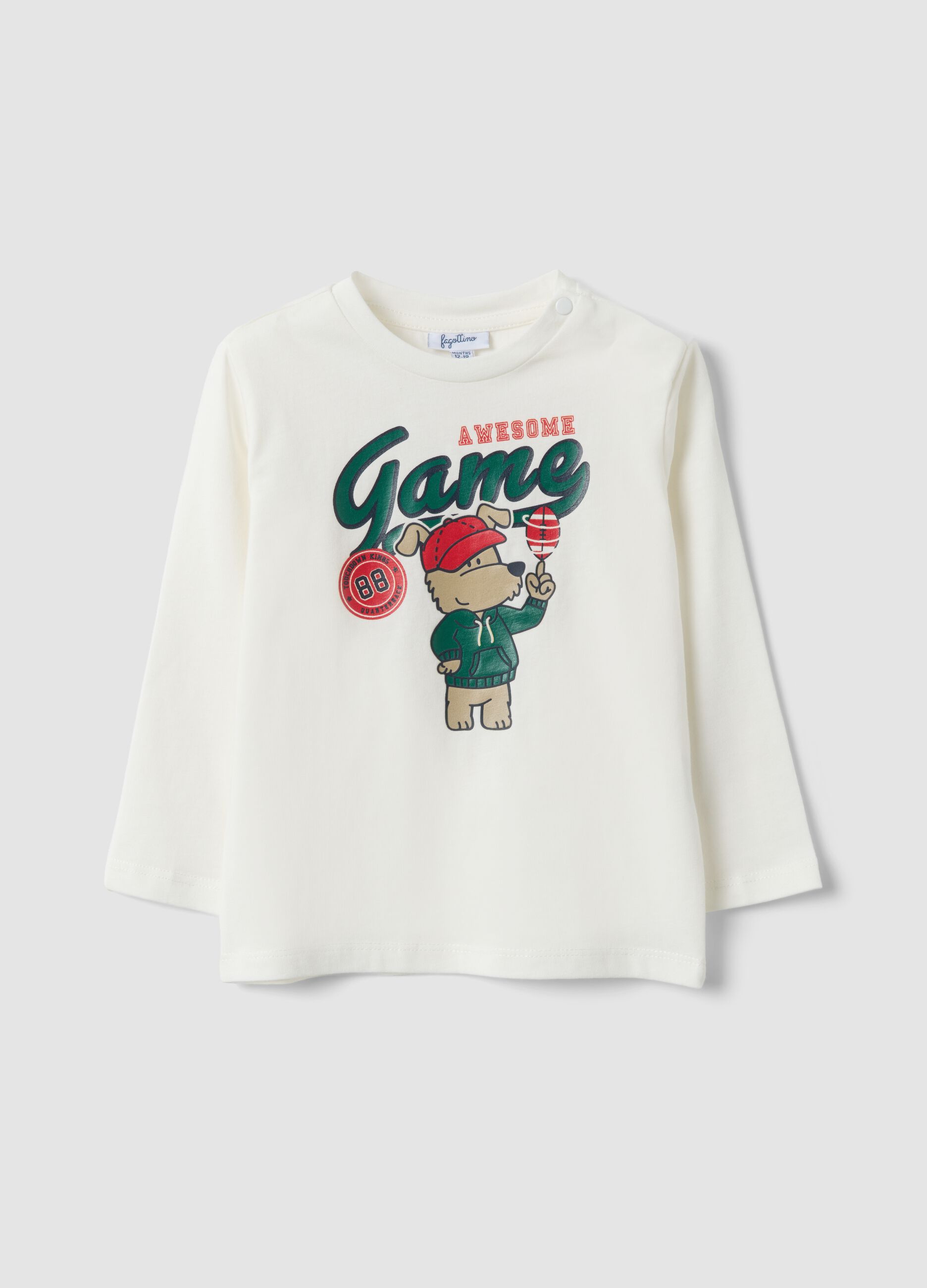 T-shirt bianca in puro cotone organico con stampa cagnolino per bimbo