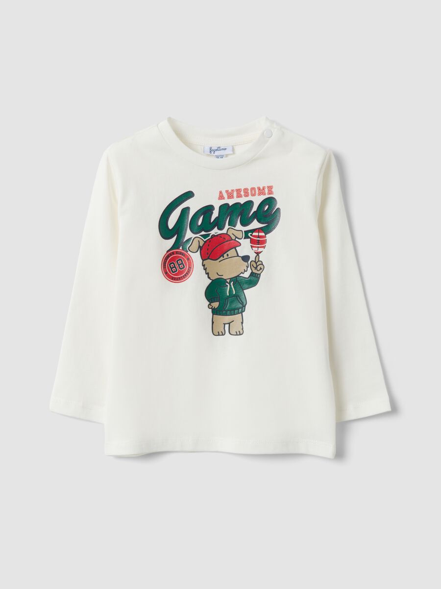 T-shirt bianca in puro cotone organico con stampa cagnolino per bimbo_0