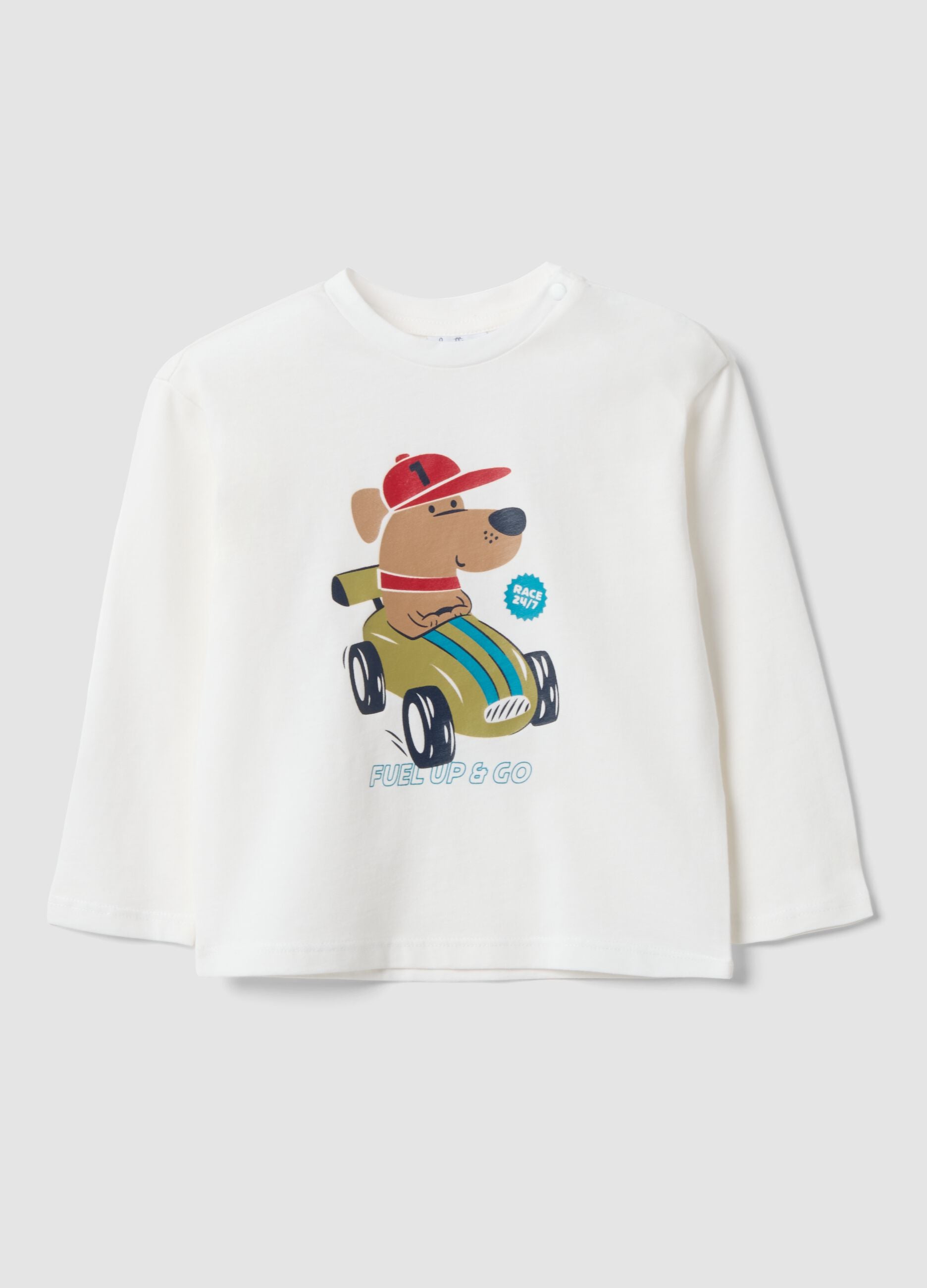 White pure organic cotton T-shirt with puppy print for baby boy