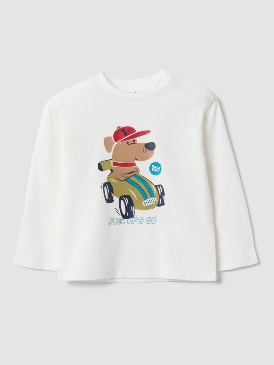 White pure organic cotton T-shirt with puppy print for baby boy_0