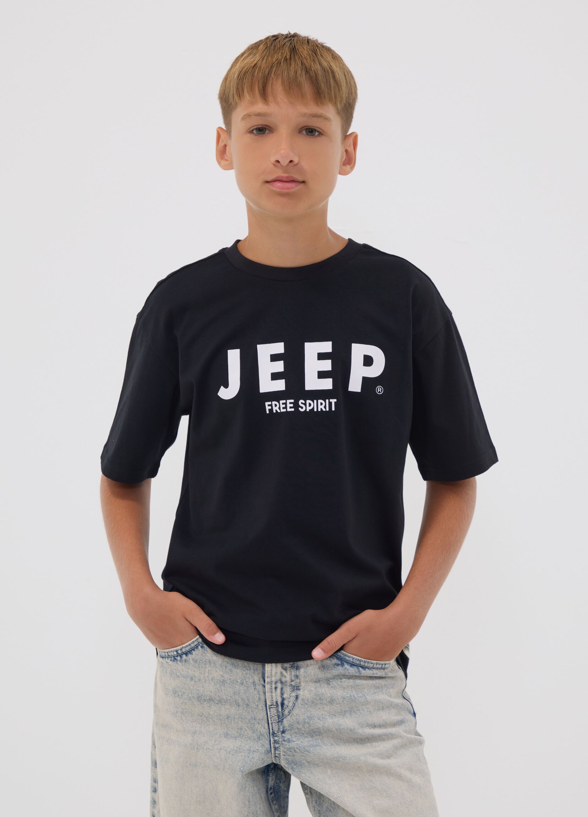 Black pure cotton short-sleeve T-shirt with Jeep slogan