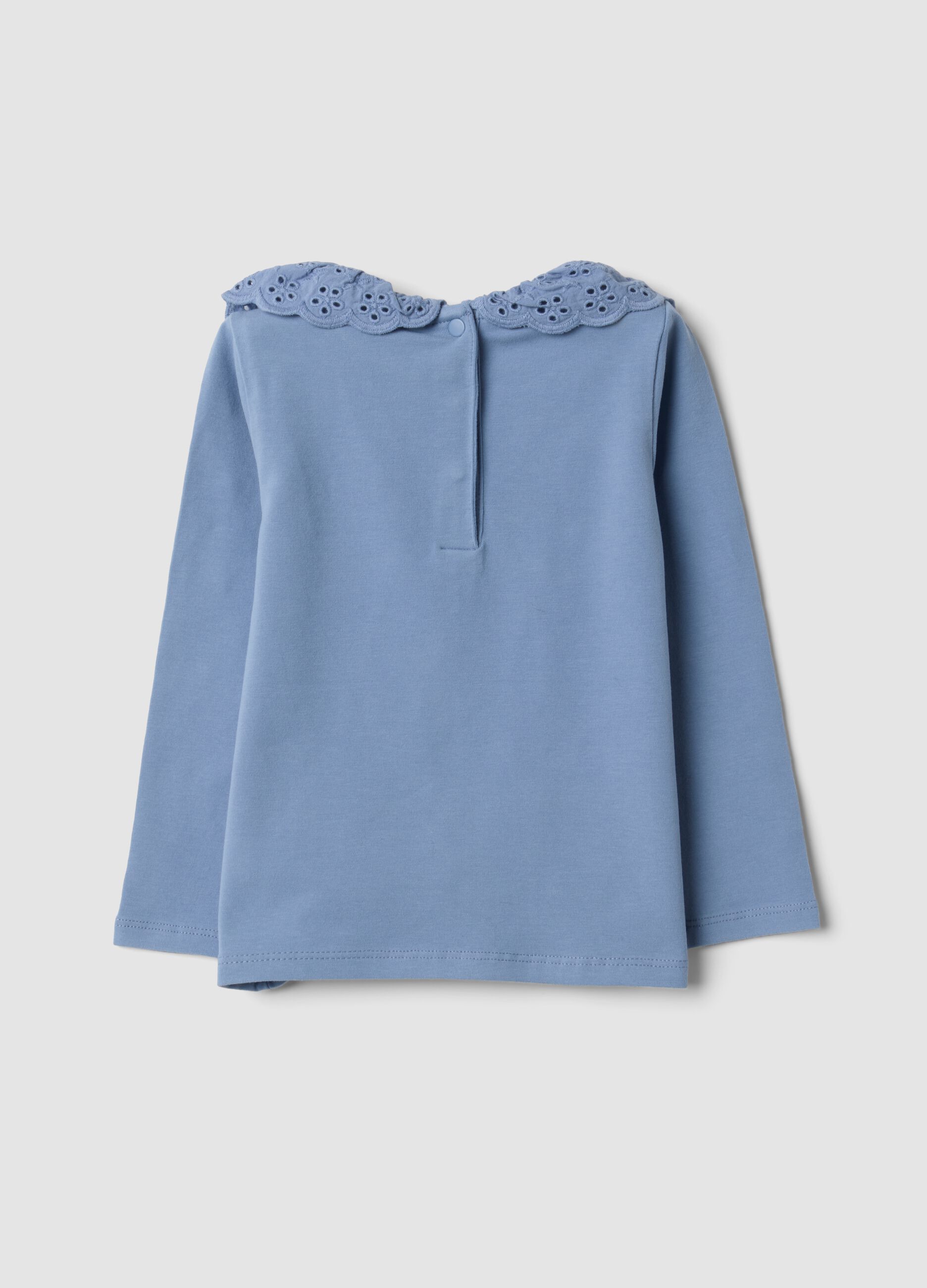 Blue stretch organic cotton top with broderie anglaise collar