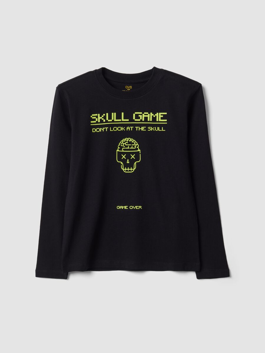 Black organic cotton crew-neck T-shirt with skull print for boys_0