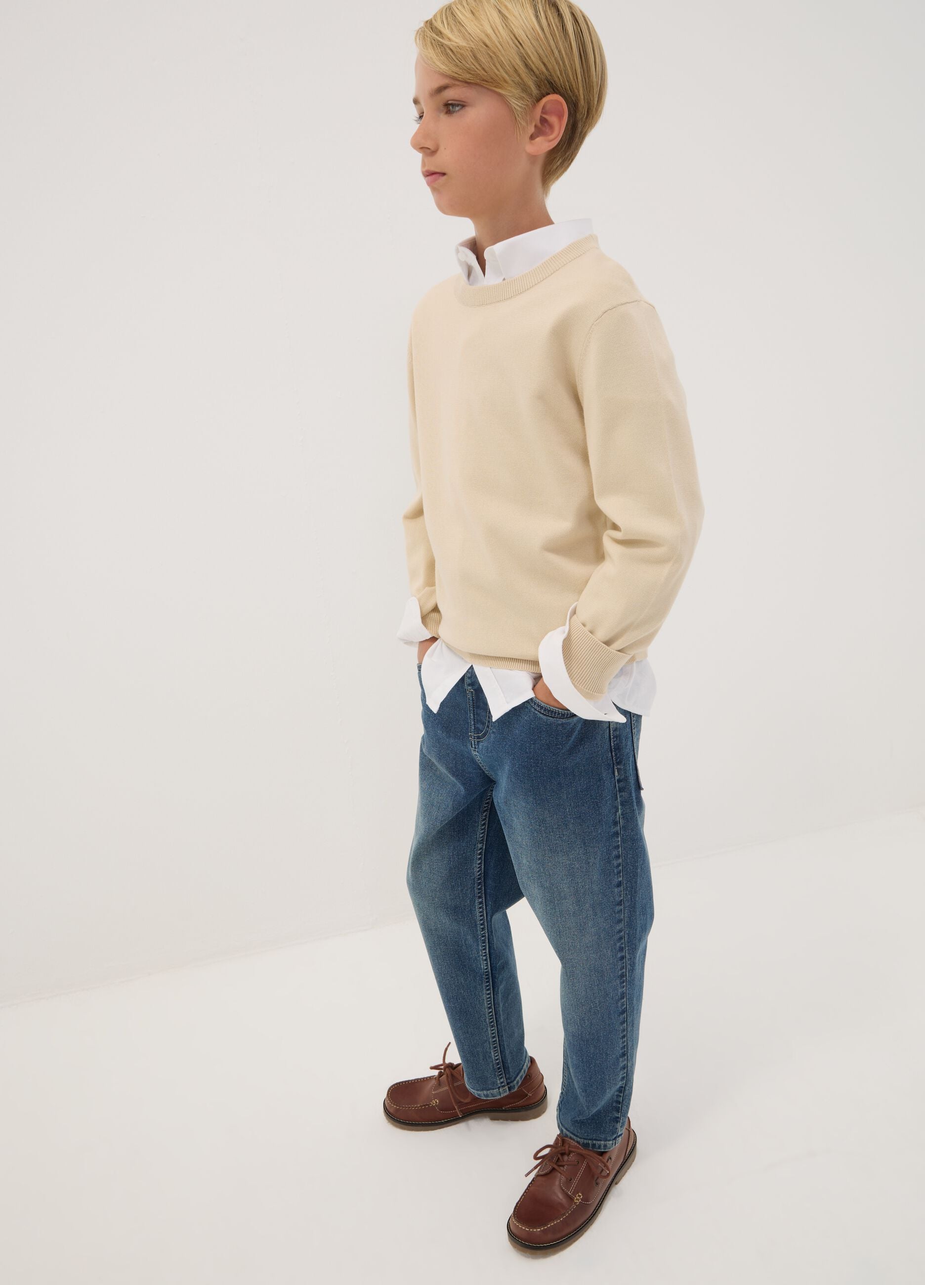 Blue stretch cotton jeans with elasticated waistband, comfort fit