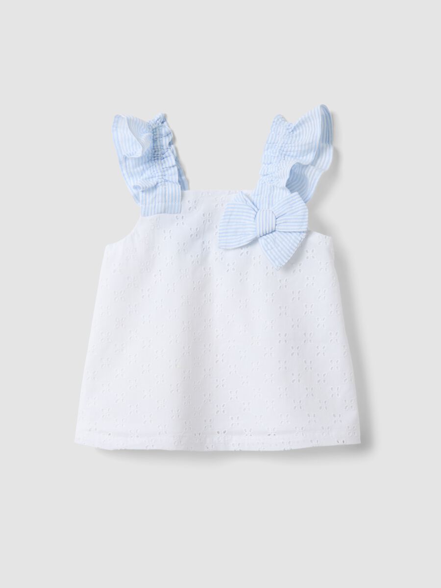 White pure cotton tank top with broderie anglaise and bow_0