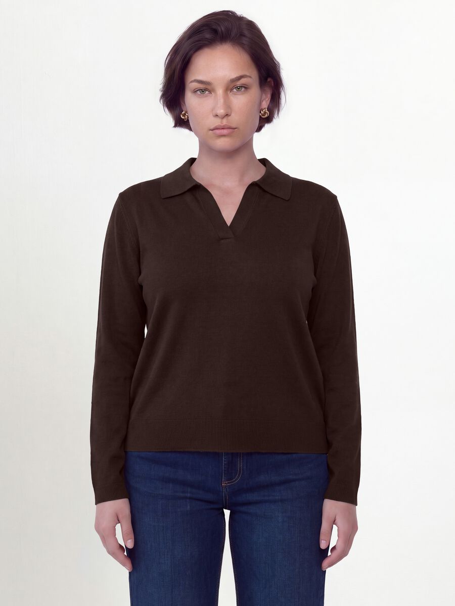 Brown viscose-blend polo-collar jumper with oversized fit_1