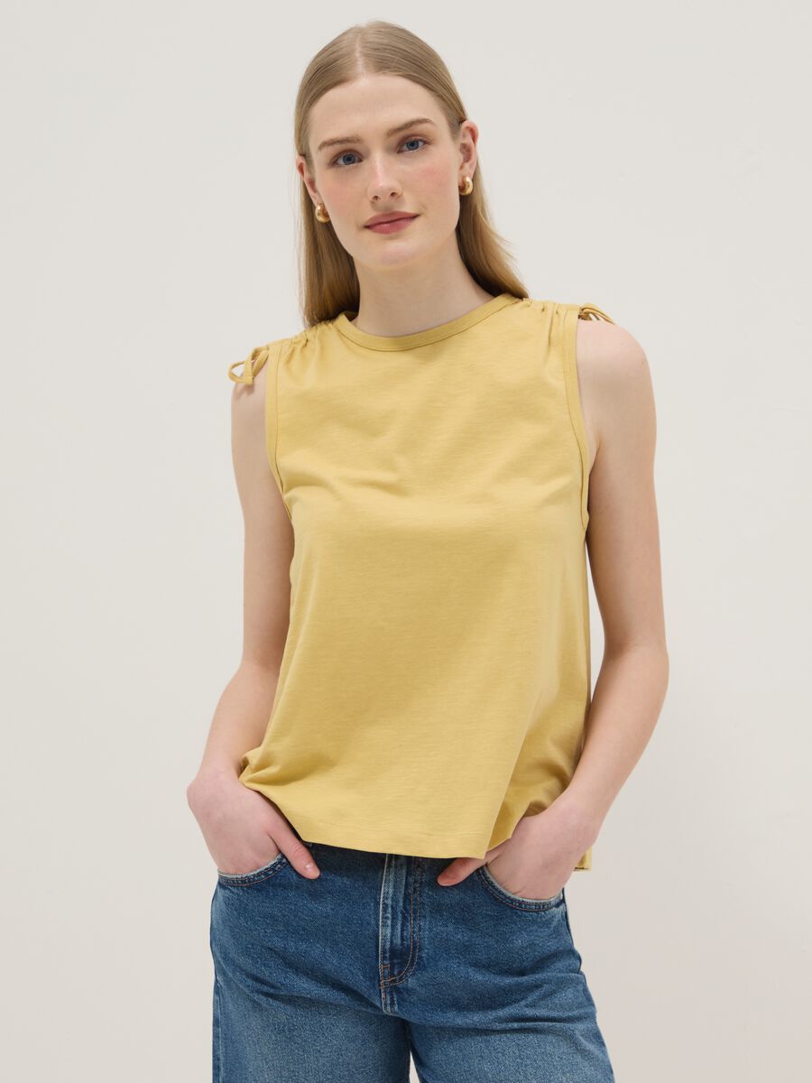 Yellow pure cotton tank top with shoulder ties_2