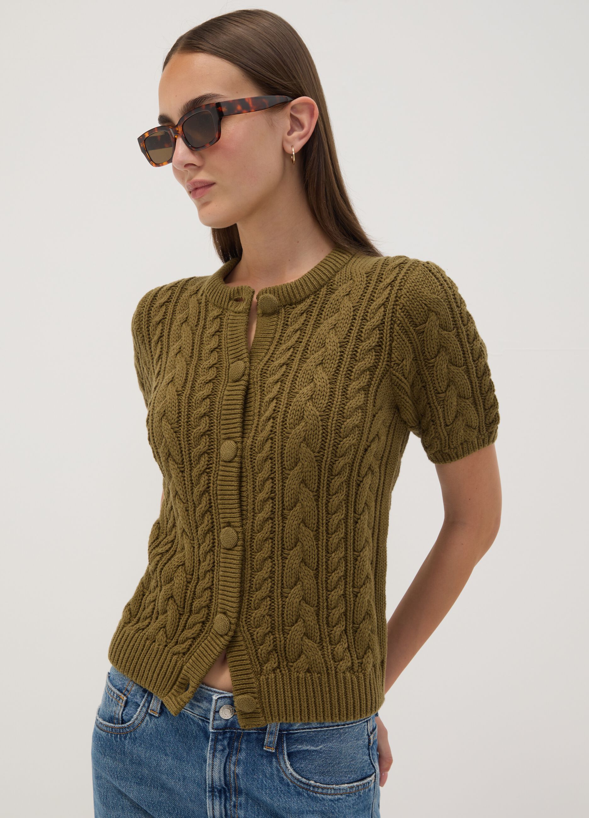 Cardigan verde in puro cotone a trecce regular fit