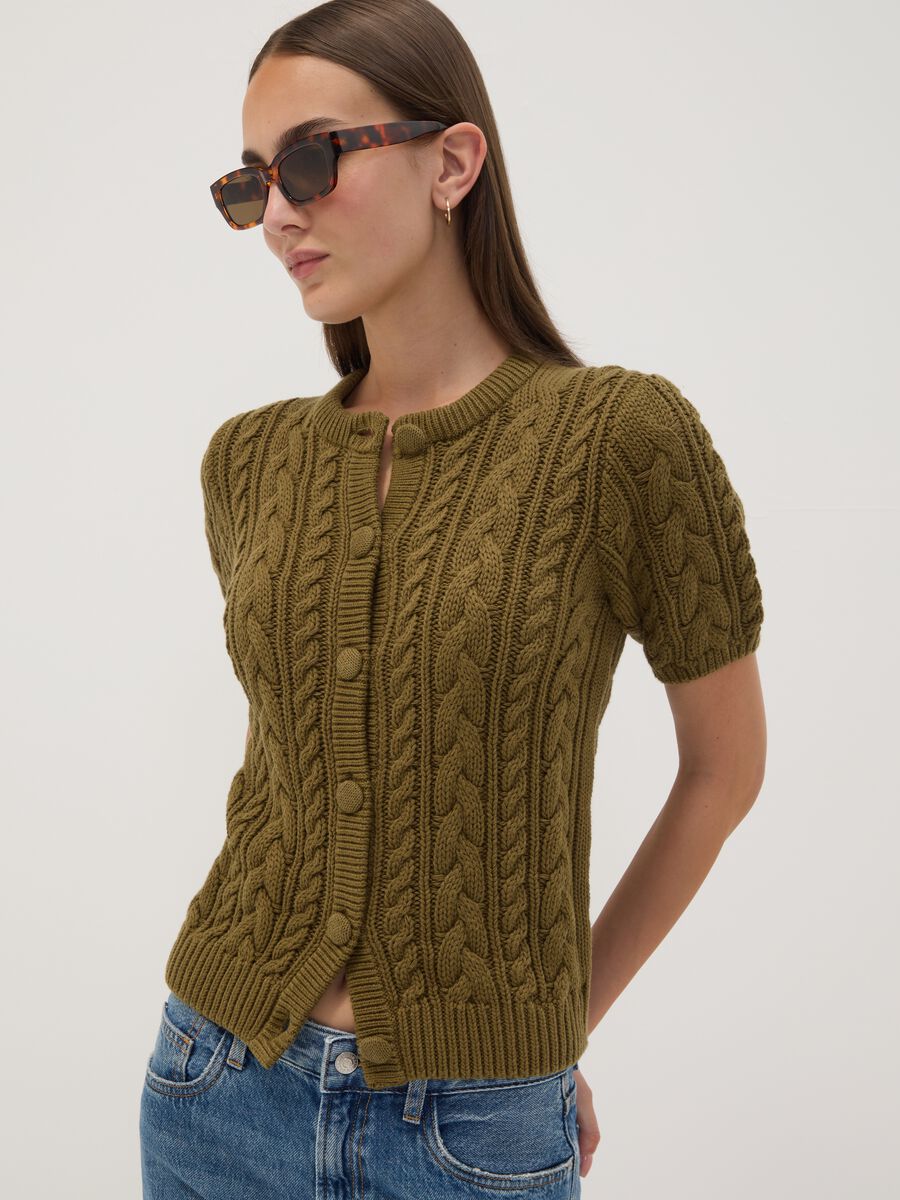 Cardigan verde in puro cotone a trecce regular fit_0