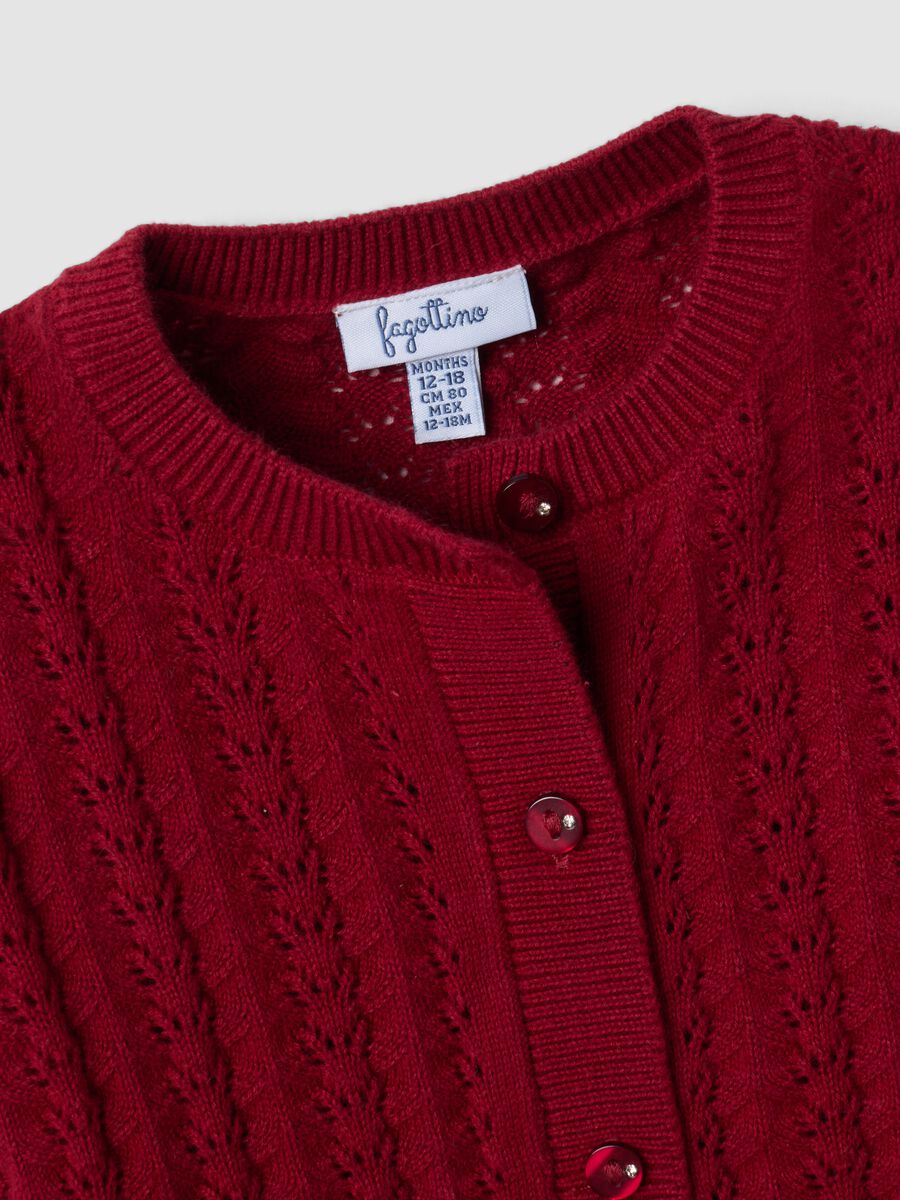 Red pure cotton openwork knit cardigan for baby girl_2