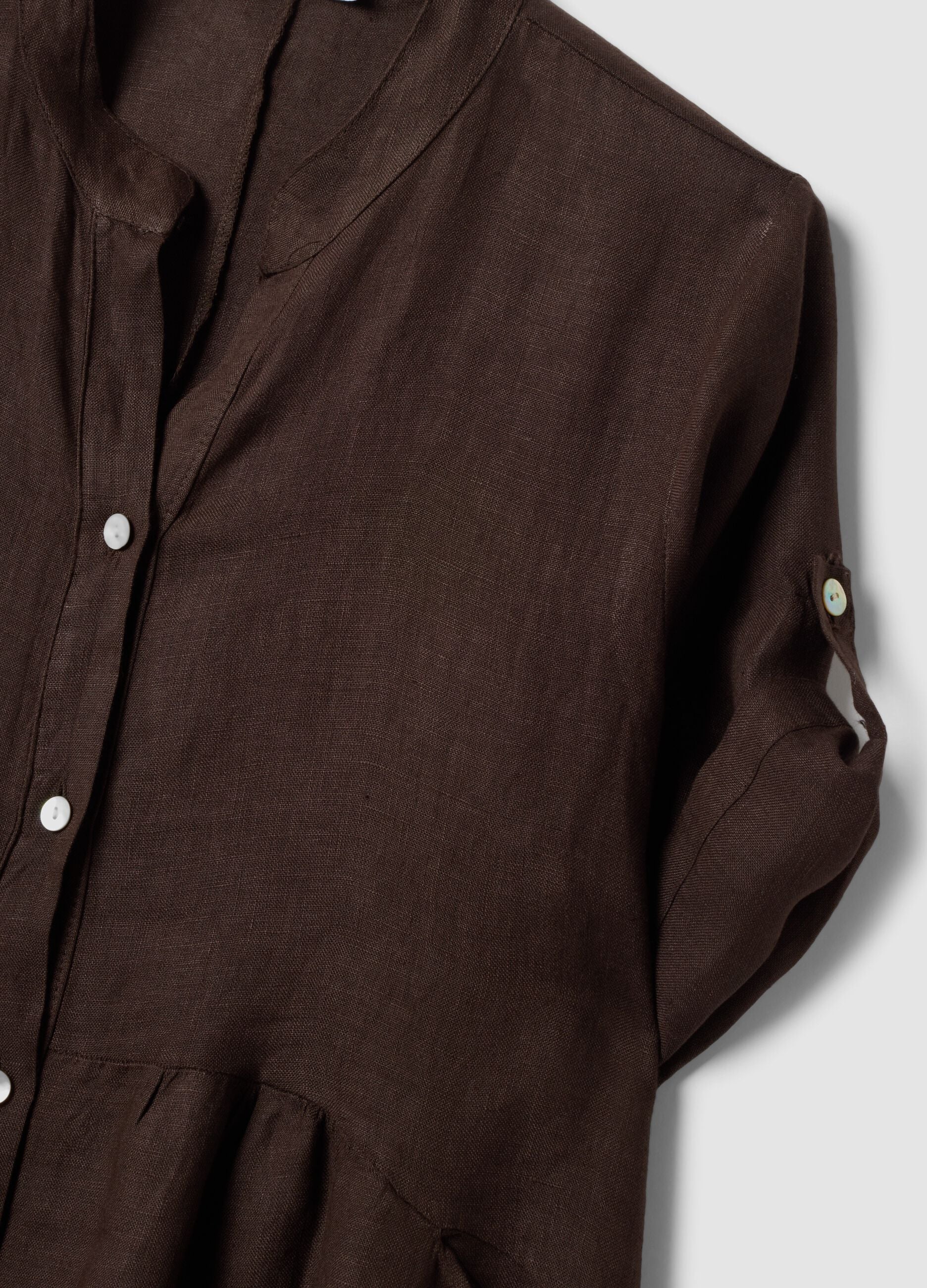 Brown pure linen dress with Mandarin collar, regular fit