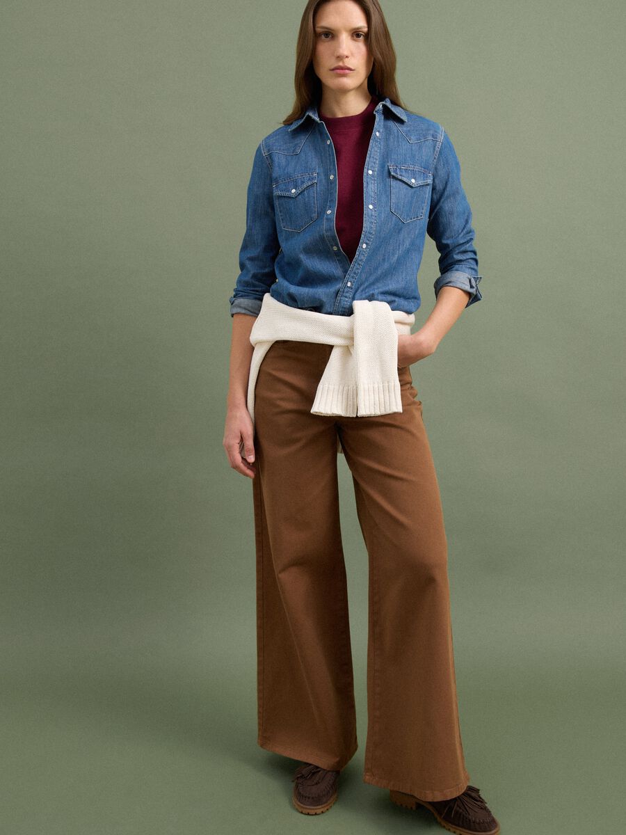 Brown wide-leg stretch cotton trousers_0