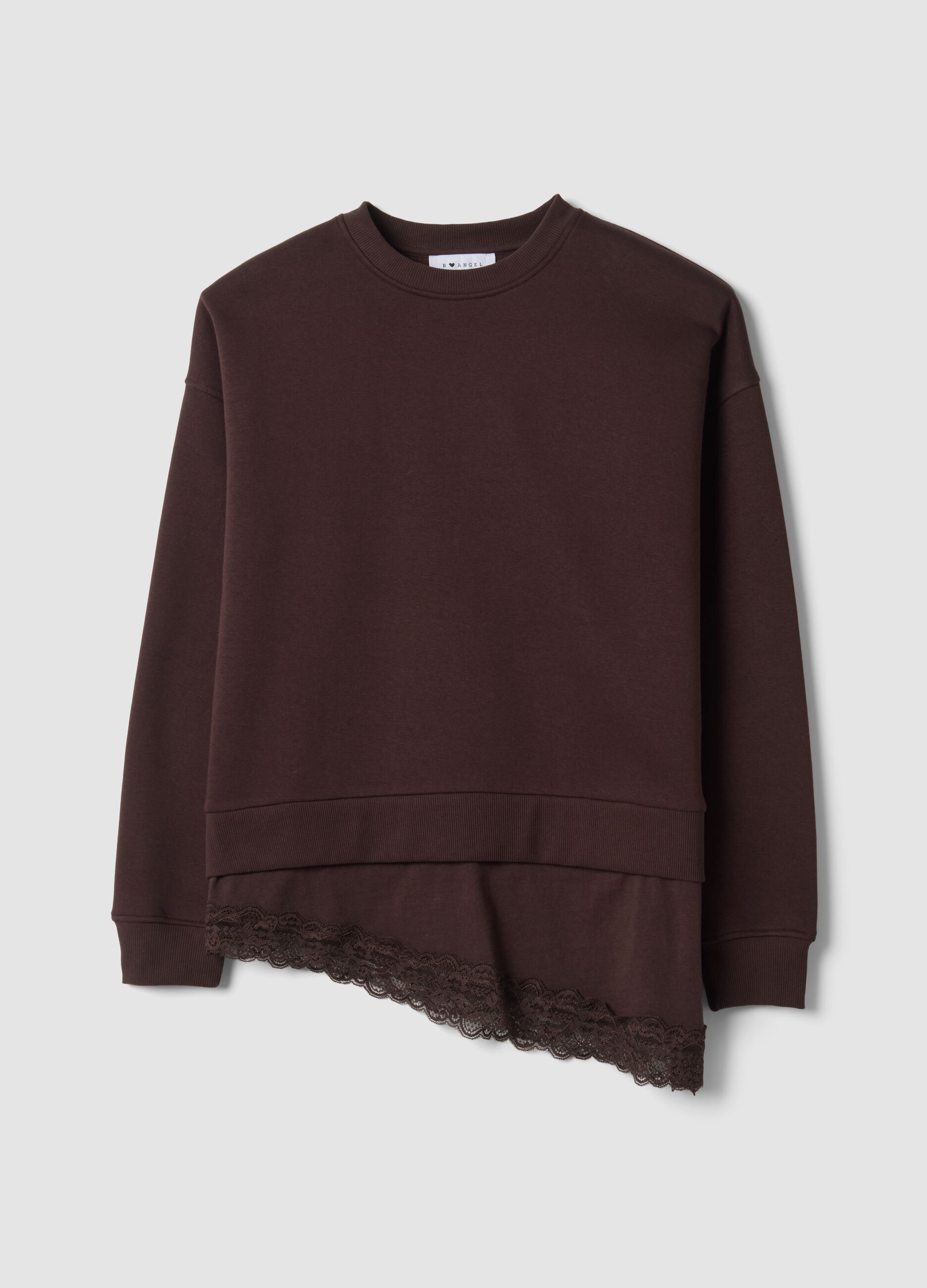 Brown cotton-blend crew-neck sweatshirt with lace detail