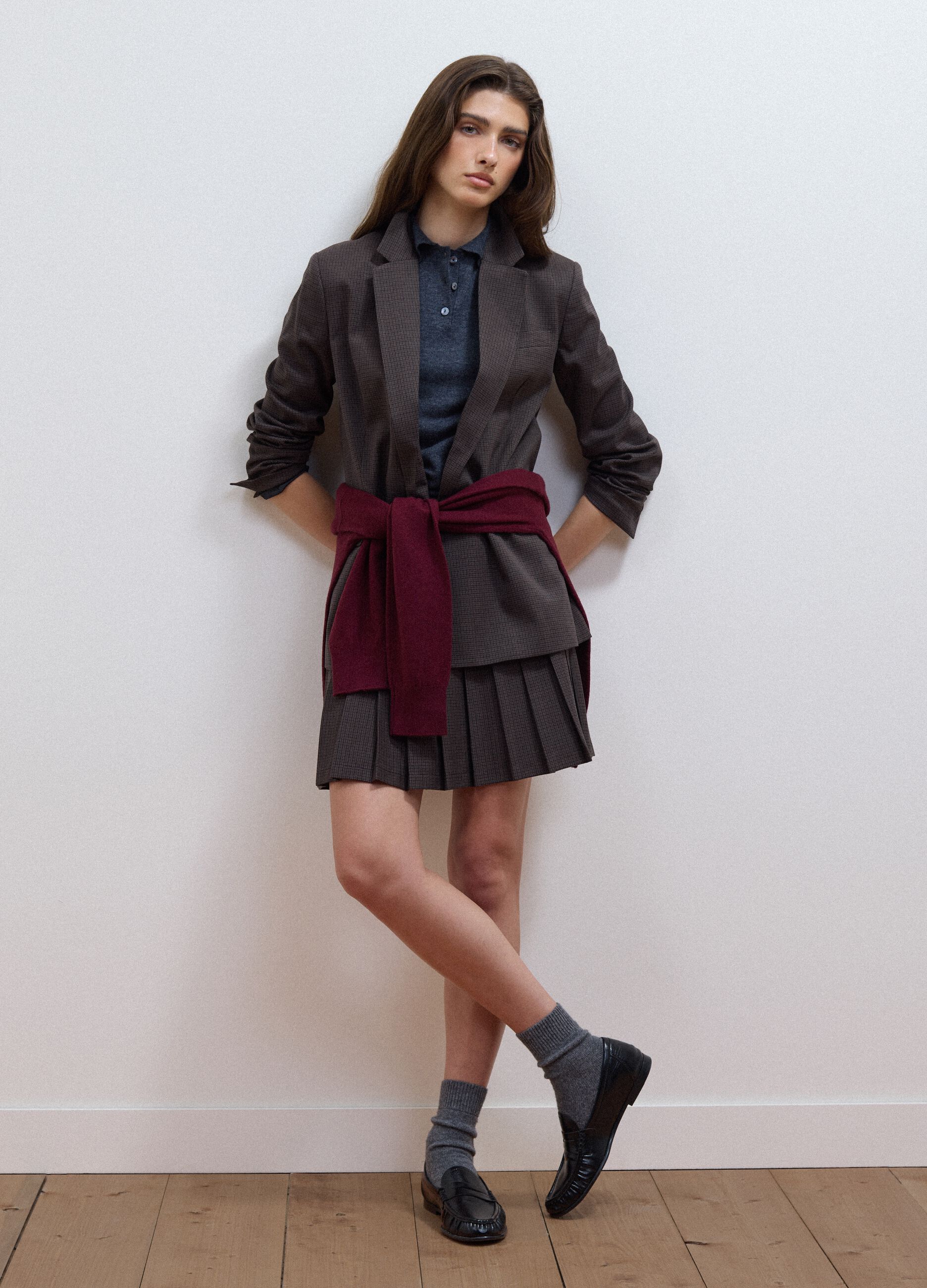 Blazer marron regular en viscose stretch &agrave; micro-carreaux