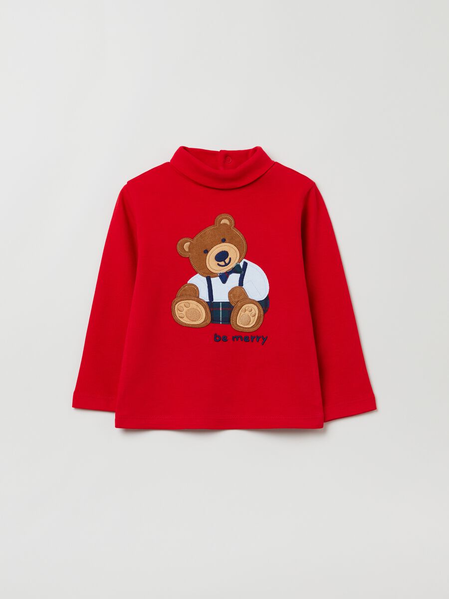 Turtleneck T-shirt with teddy bear embroidery_0