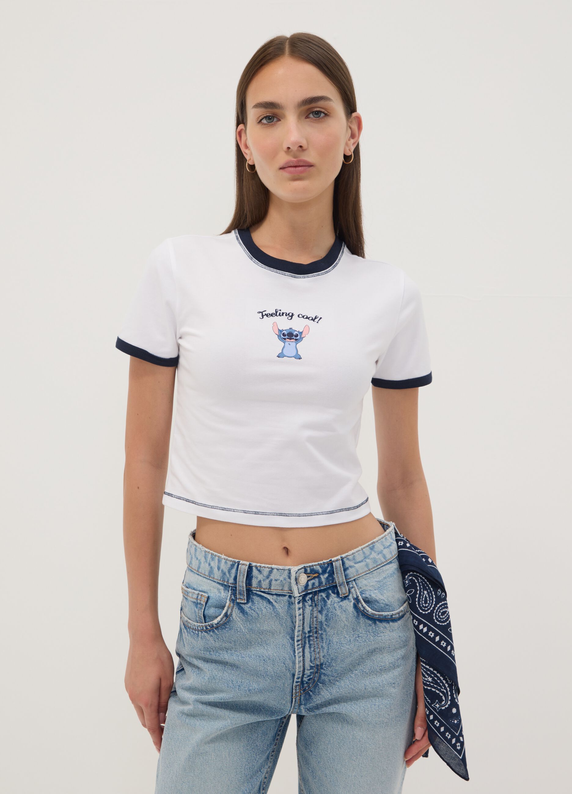 White stretch cotton T-shirt with Stitch print, regular fit