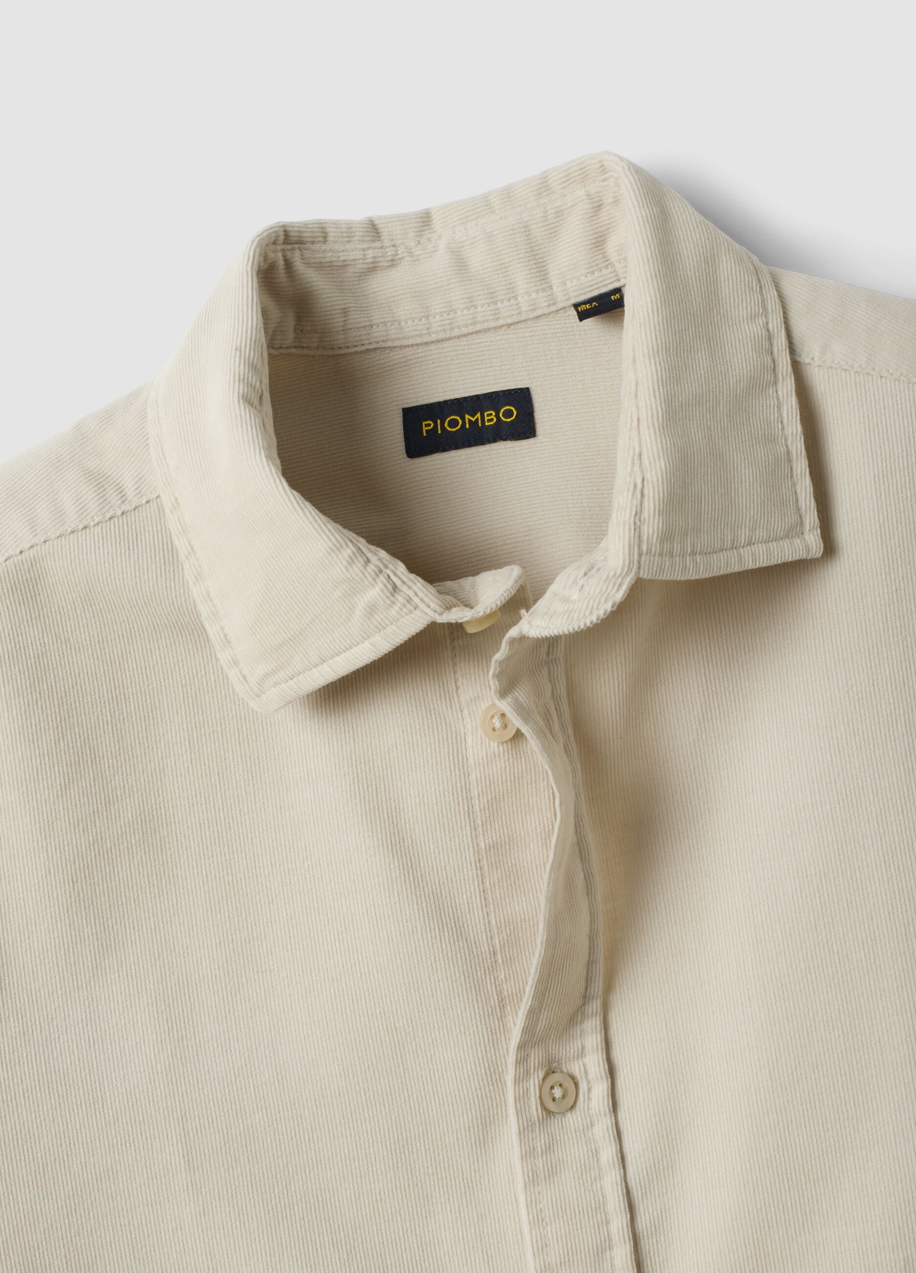 Beige ribbed pure cotton shirt with classic collar, regular fit