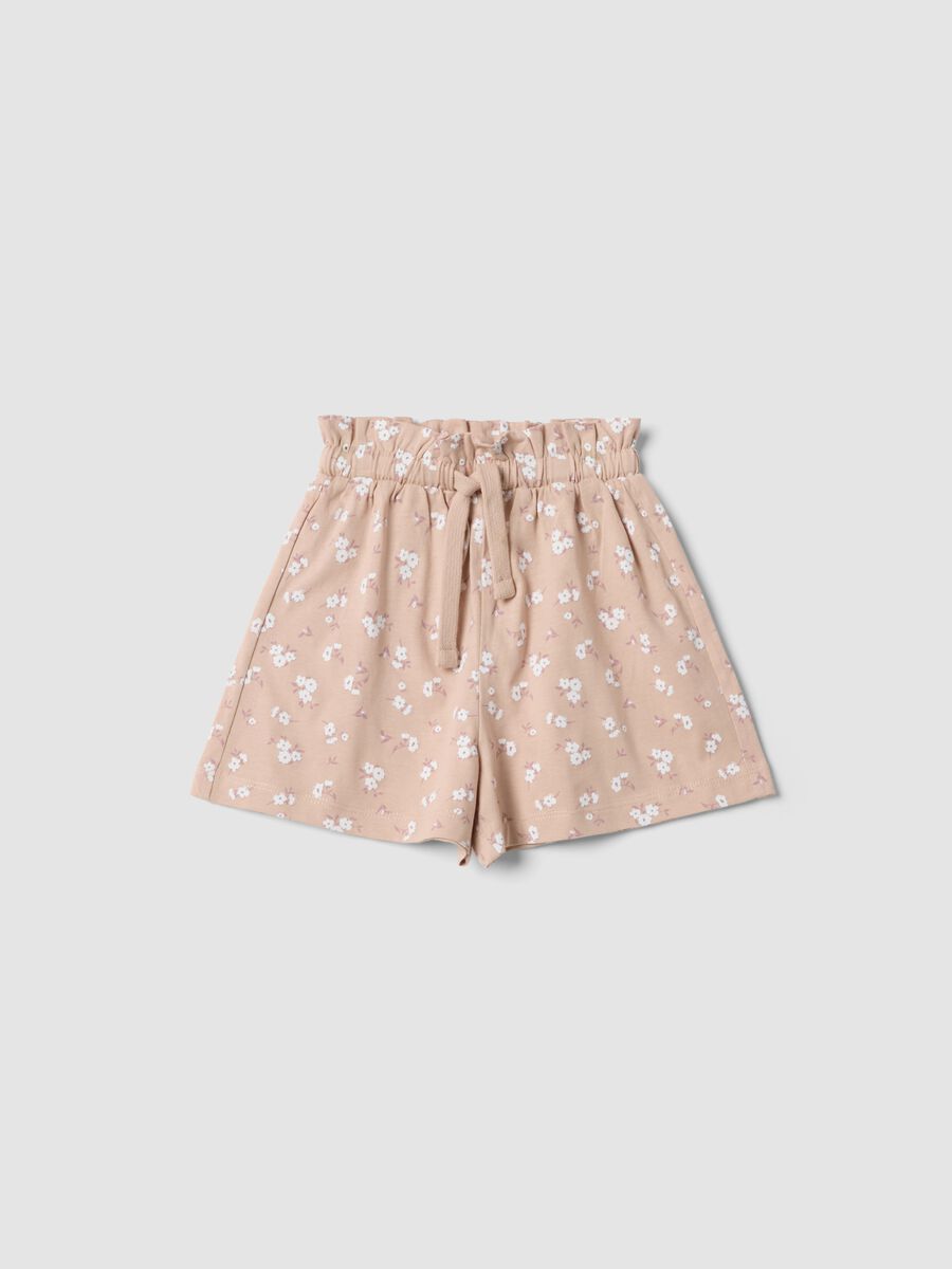 Beige Shorts aus reiner Baumwolle f&uuml;r M&auml;dchen mit Blumenmuster_0