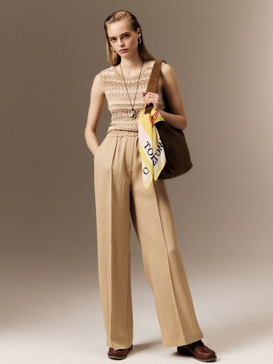 Beige wide leg jogger trousers in Lyocell and viscose blend_0