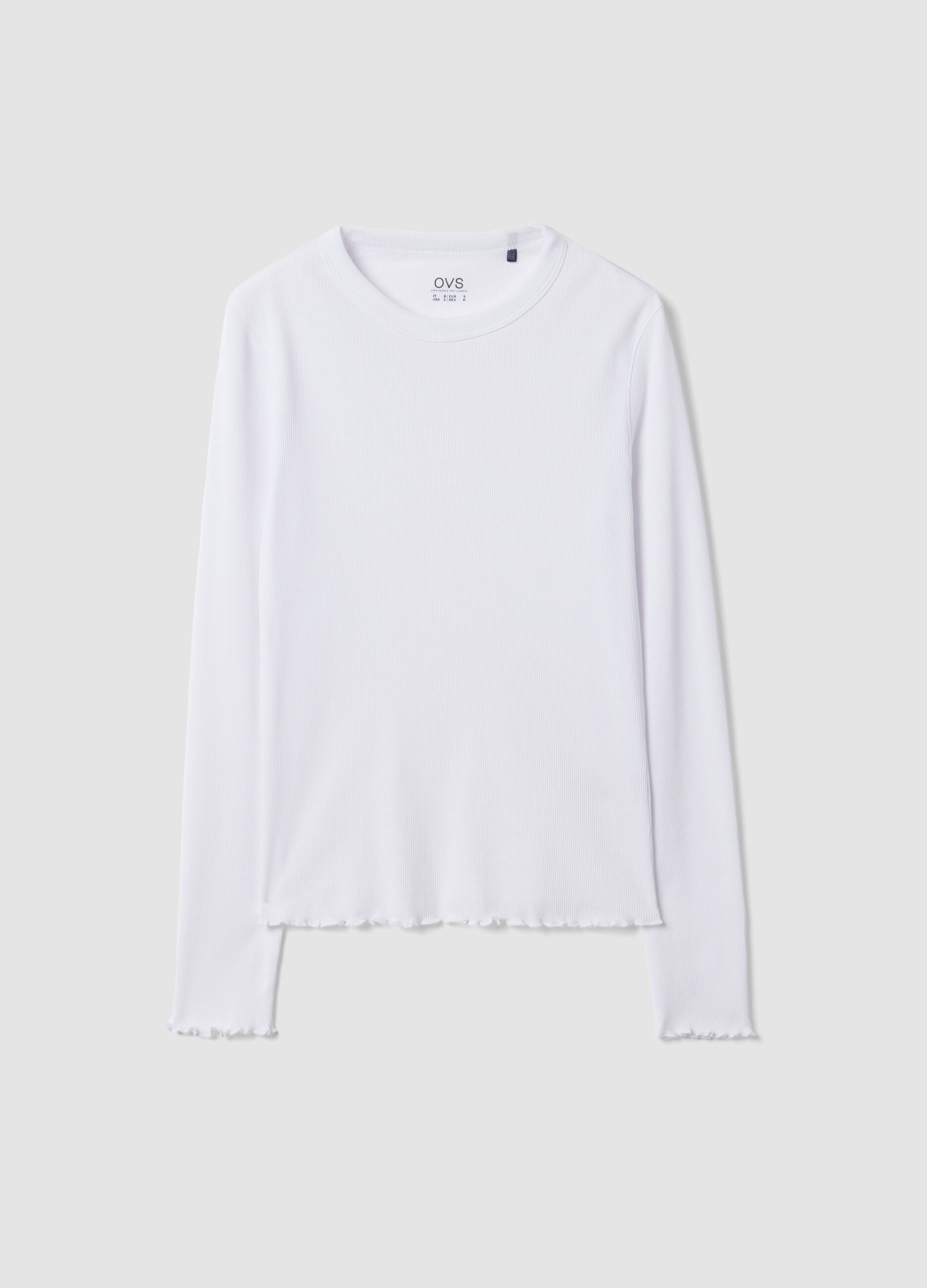 White pure cotton long-sleeve crew-neck T-shirt, regular fit