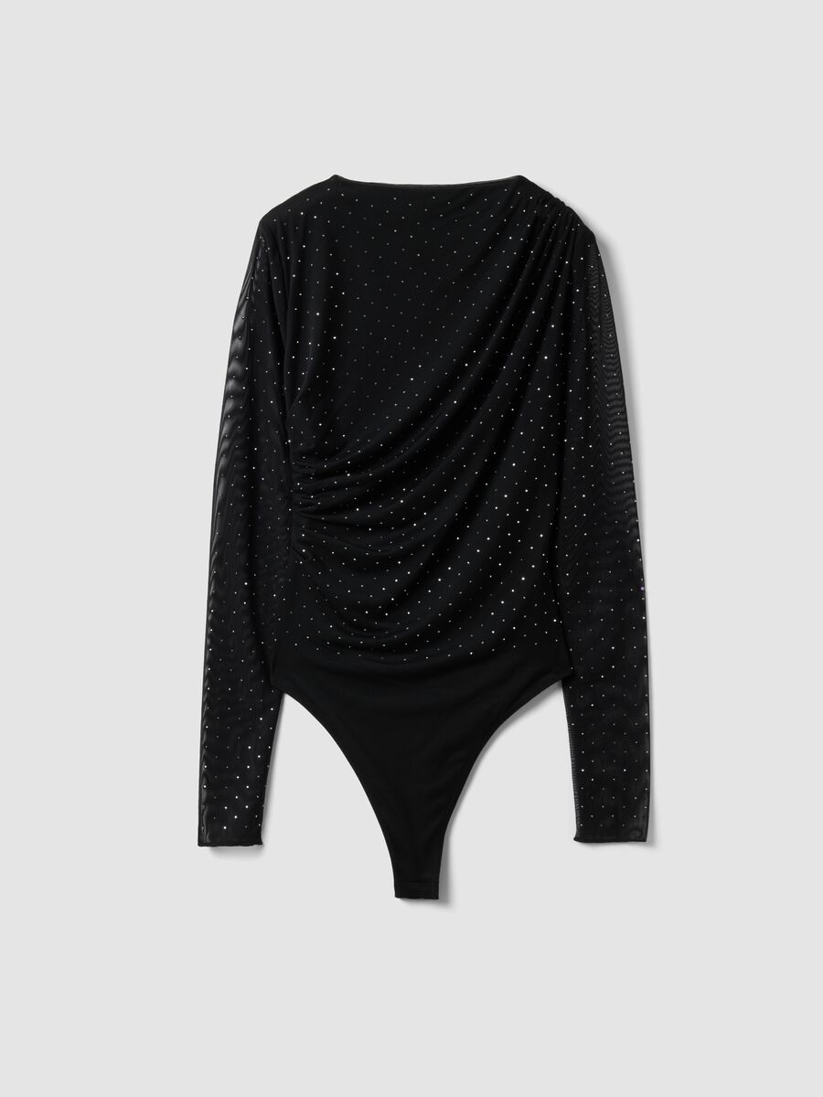Black fitted stretch bodysuit with rhinestones_4