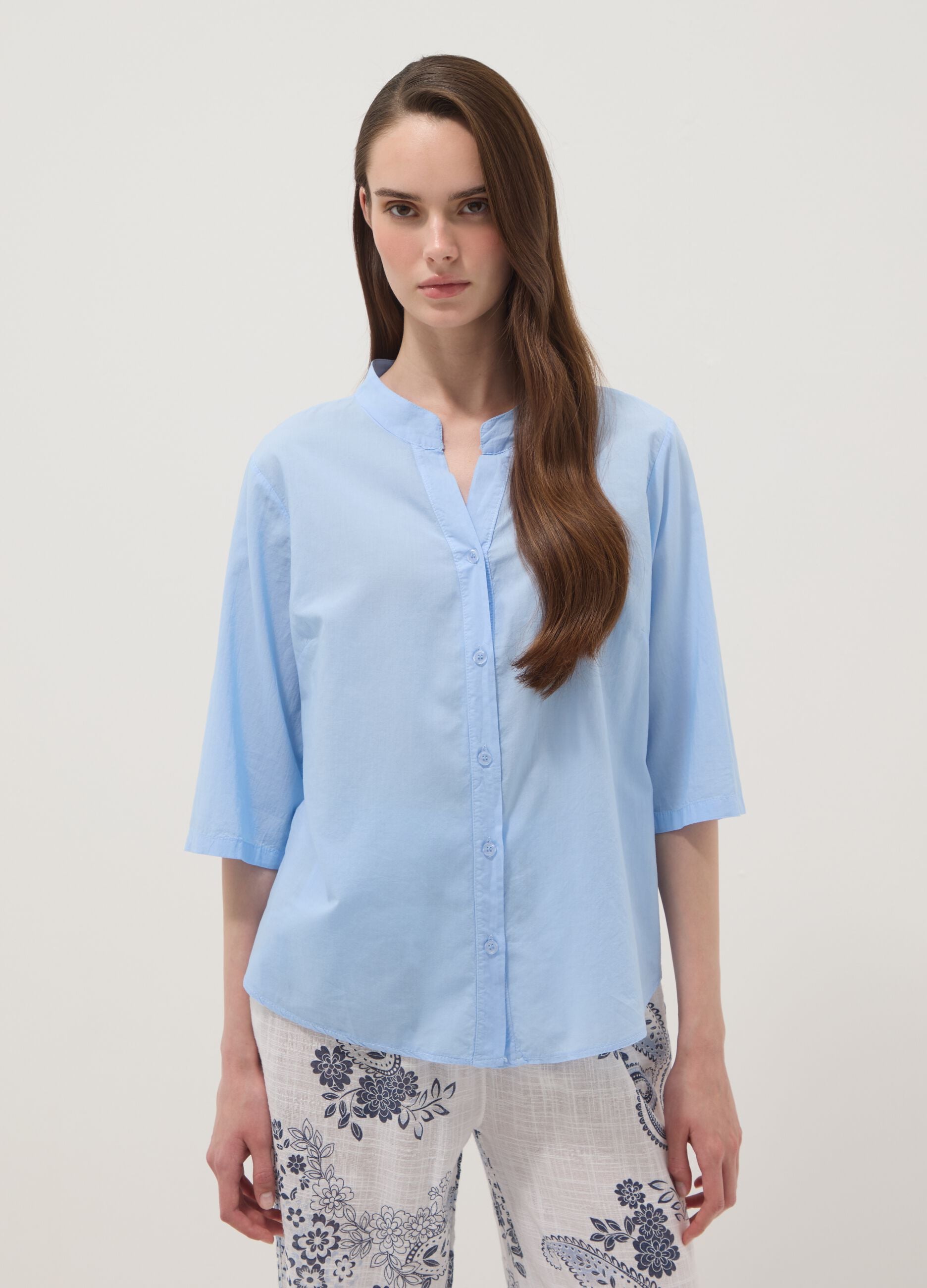 Sky-blue pure cotton shirt with eyelet embroidery, regular fit
