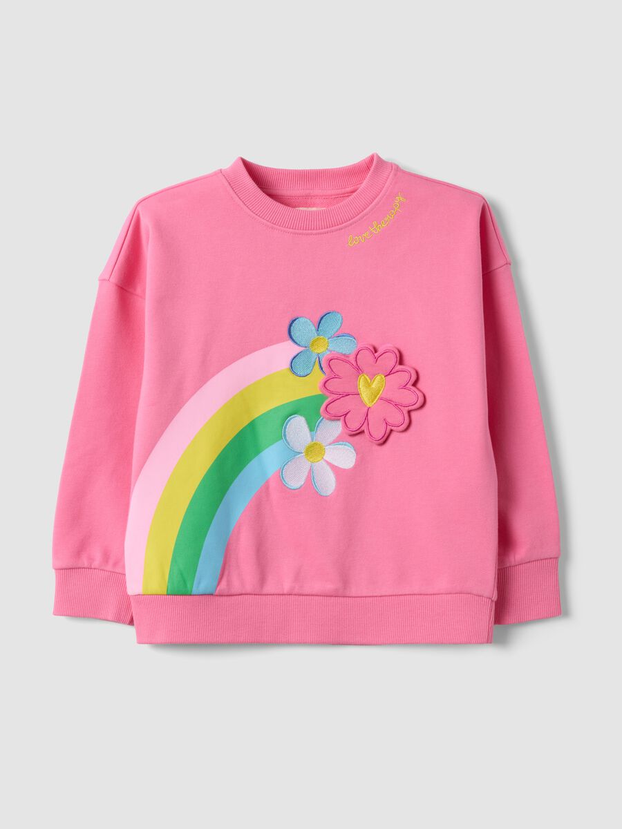 Felpa rosa in misto cotone con girocollo e stampa arcobaleno e fiori_0