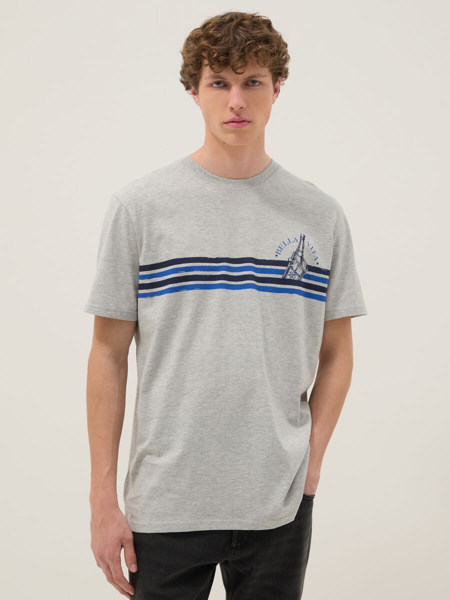 Grey pure cotton T-shirt with blue stripes_0