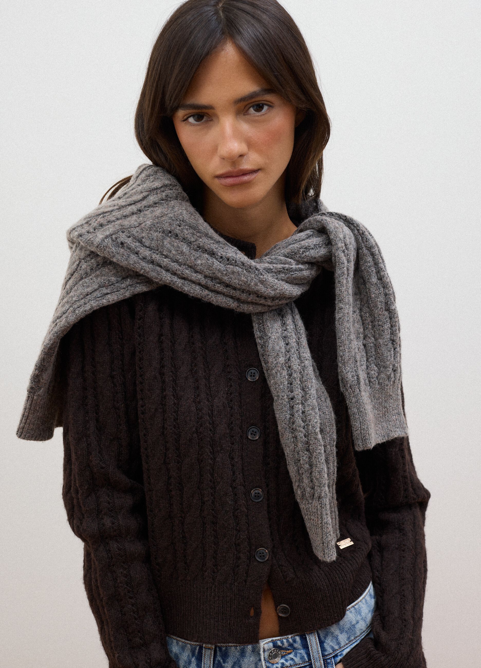 Brown cable-knit wool-blend cardigan