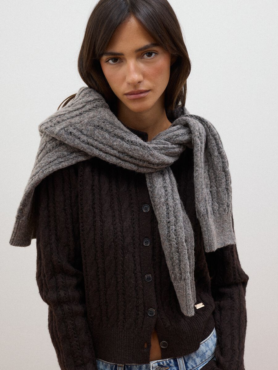 Brown cable-knit wool-blend cardigan_0