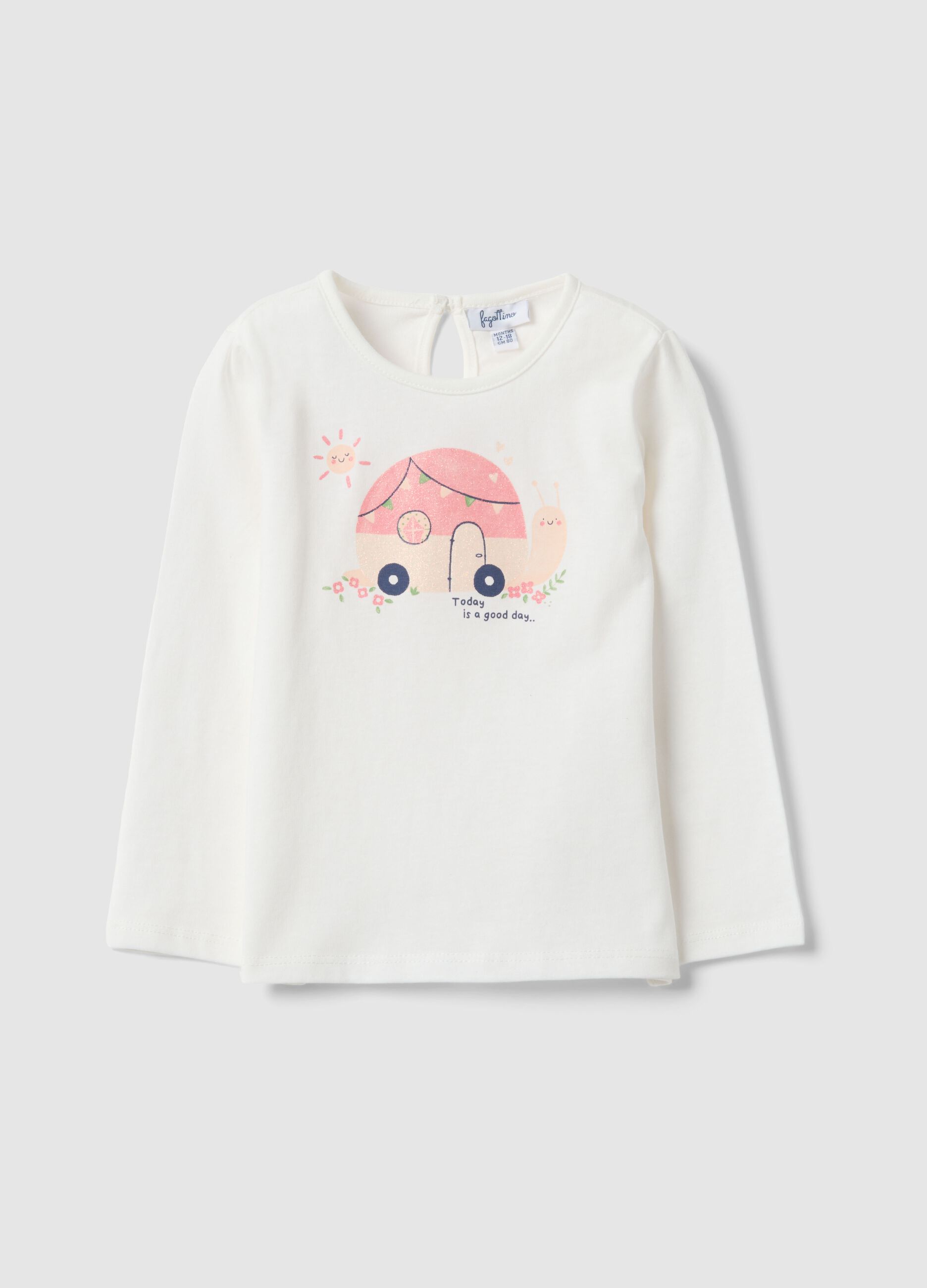 T-shirt a maniche lunghe in puro cotone bianca da bimba con stampe