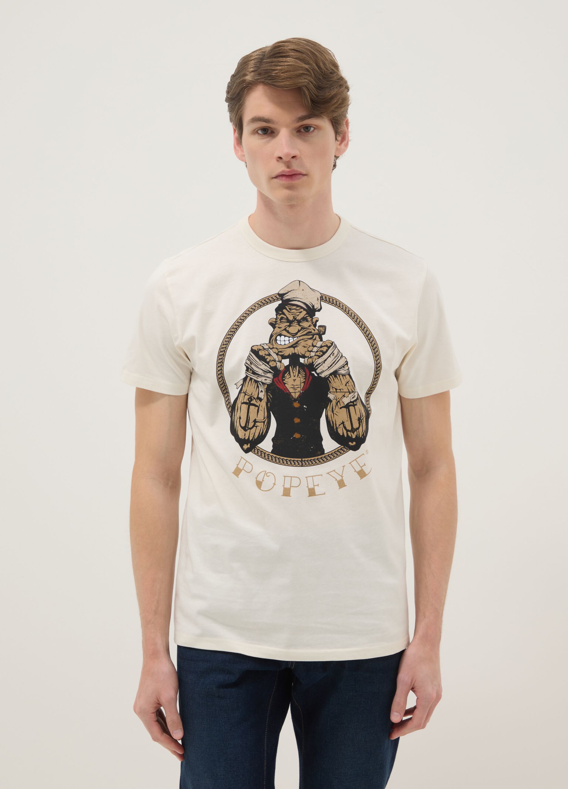 Beige regular fit pure cotton t-shirt with Popeye print
