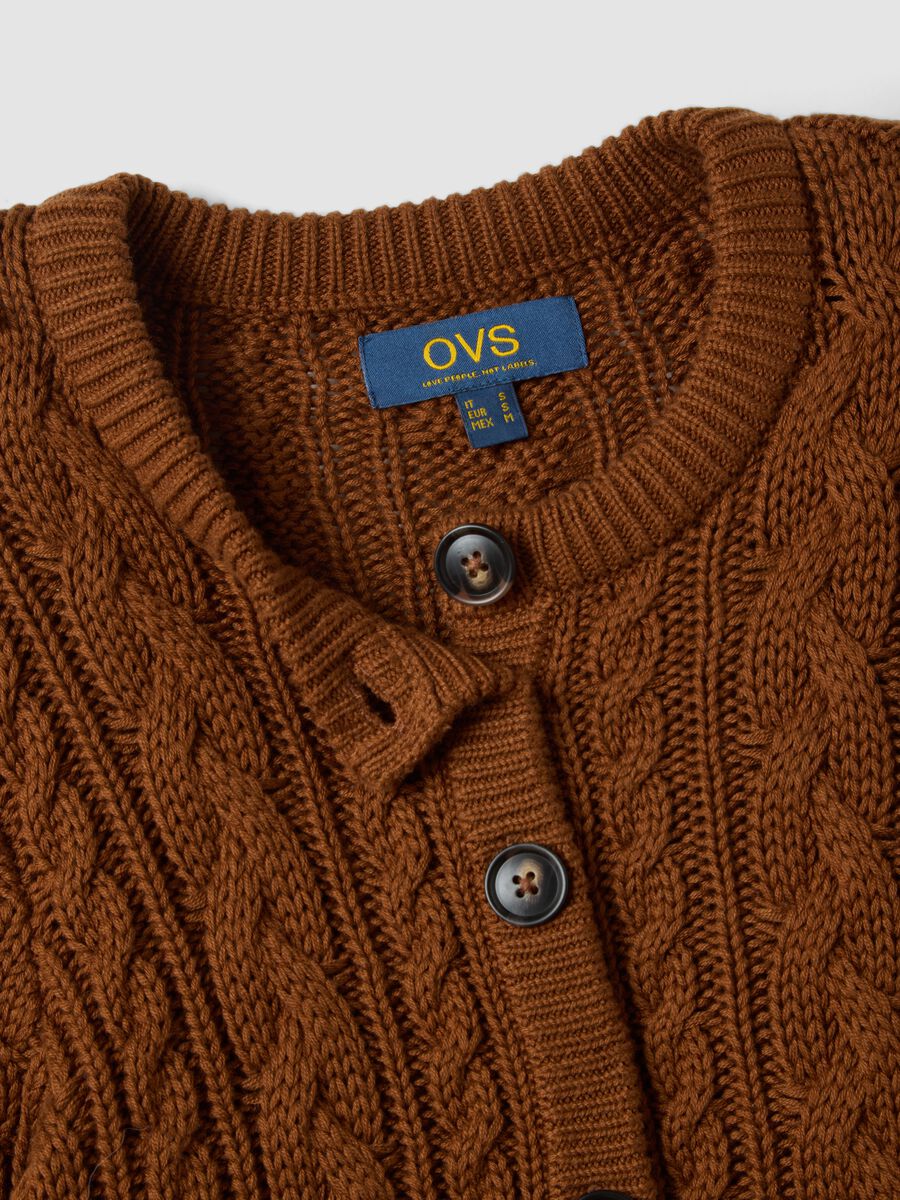 Brown cable-knit cotton-blend cardigan, regular fit_5