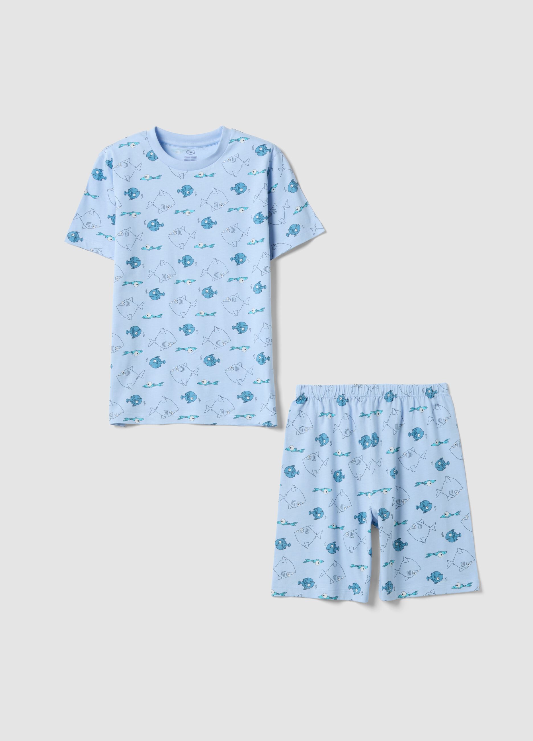 Pijama azul de algod&atilde;o org&acirc;nico puro para menino com estampado de peixes