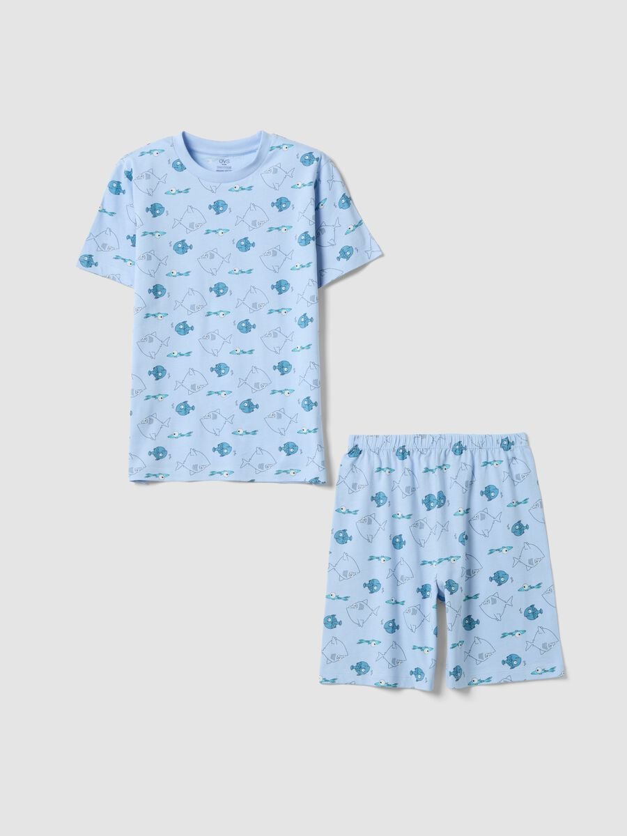 Pyjama gar&ccedil;on bleu en pur coton biologique avec imprim&eacute; poissons_0