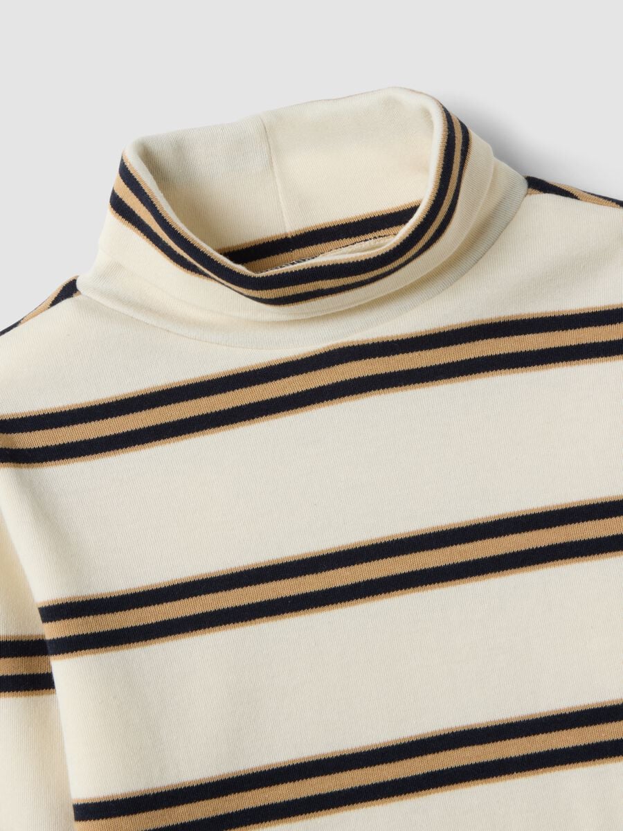 Maglia beige a righe in puro cotone organico con dolcevita_3