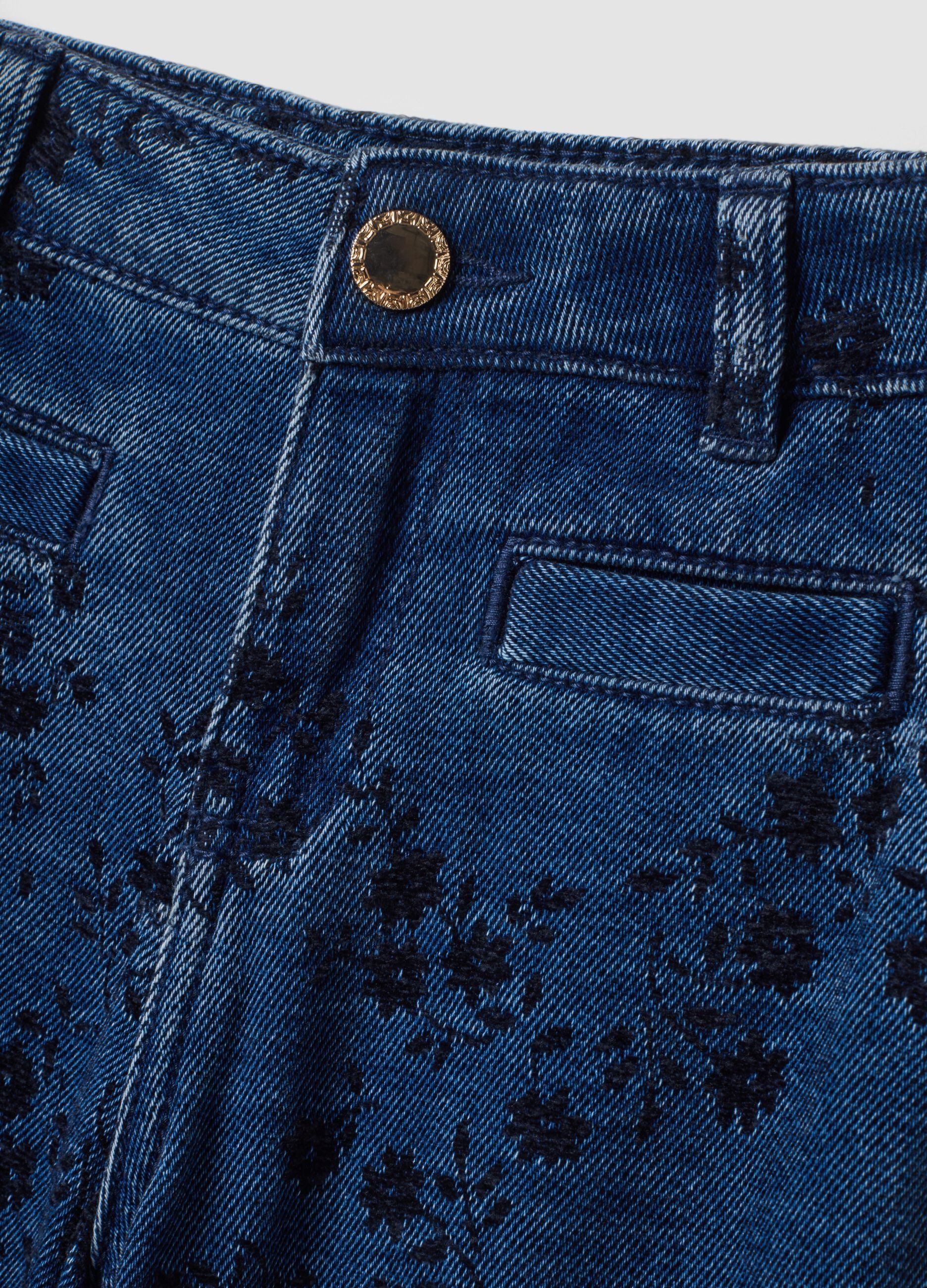 Blue cotton-blend straight-fit jeans with floral print