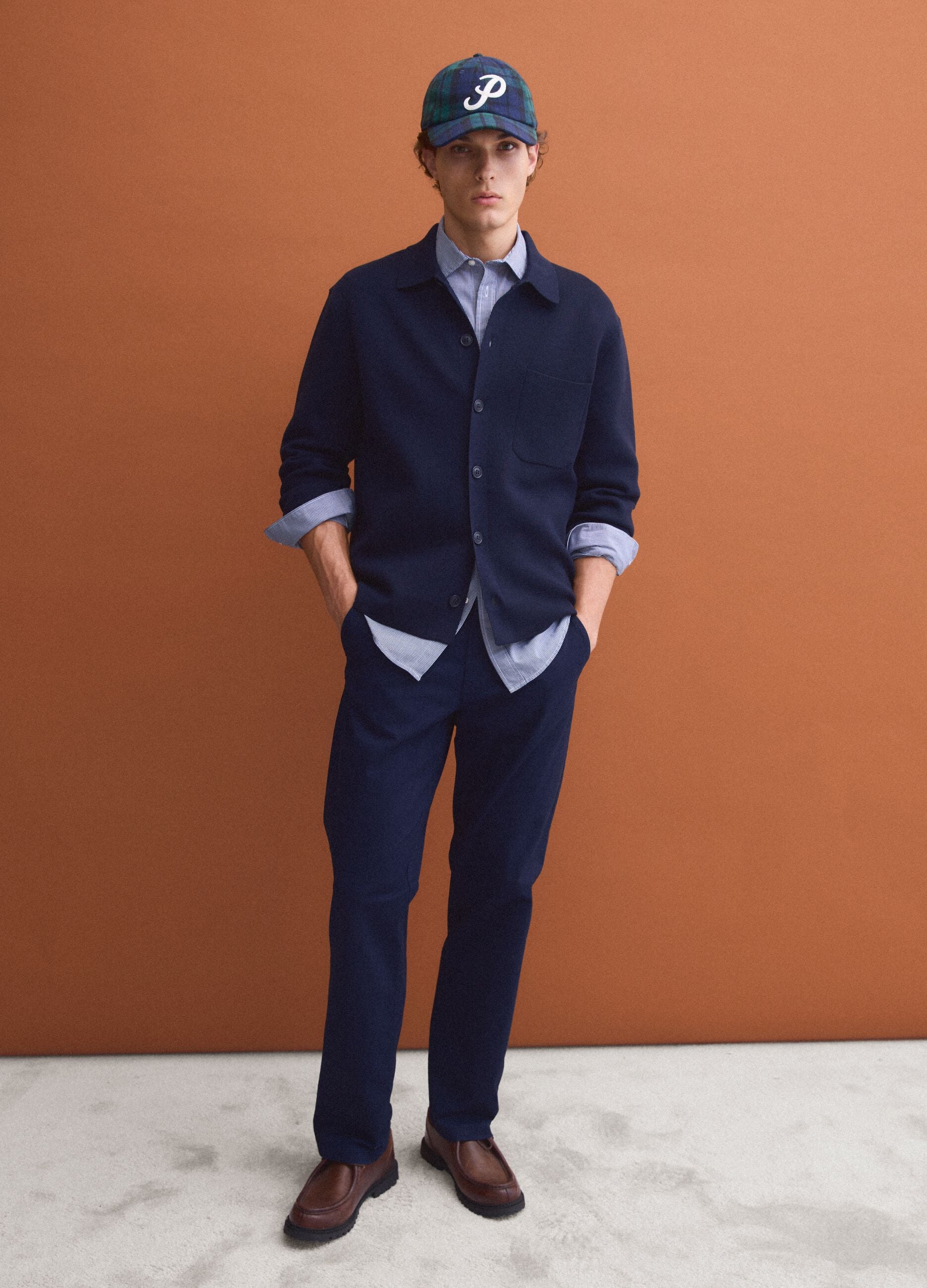 Blue regular-fit cotton-blend cardigan with collar